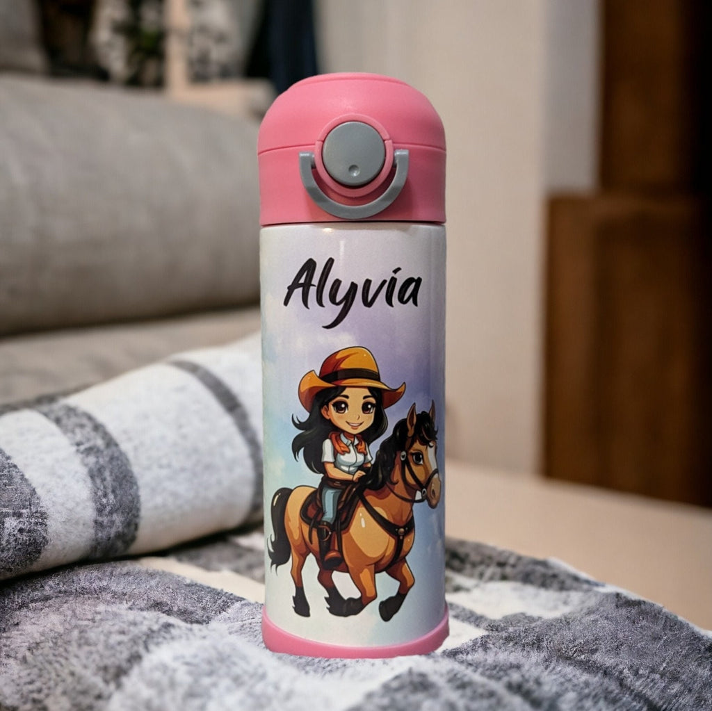 Adorable Dark Hair Cowgirl Riding Pony Kids Water Bottle 12oz With Reusable Straw Can Be Personalized