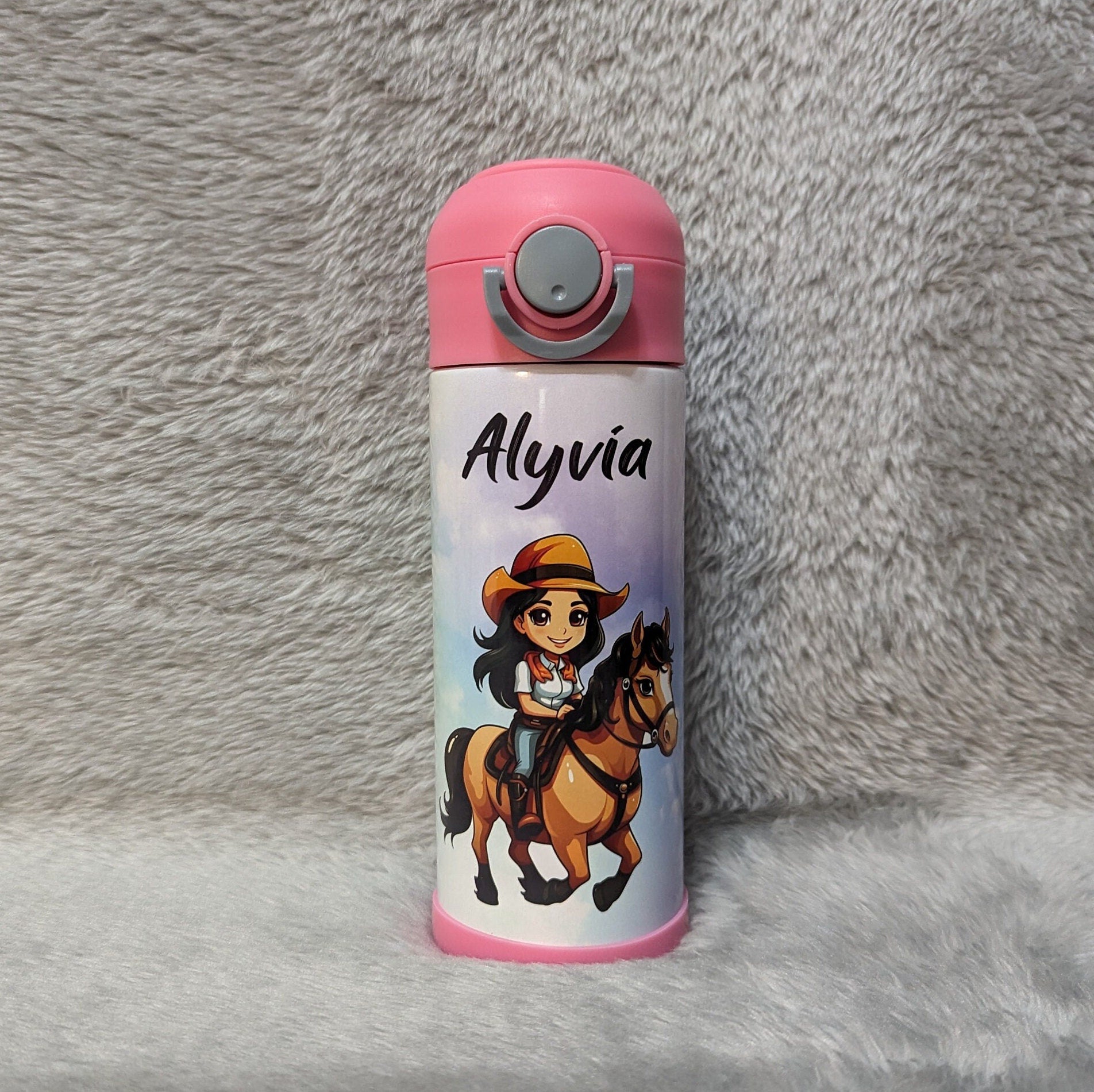 Adorable Dark Hair Cowgirl Riding Pony Kids Water Bottle 12oz With Reusable Straw Can Be Personalized