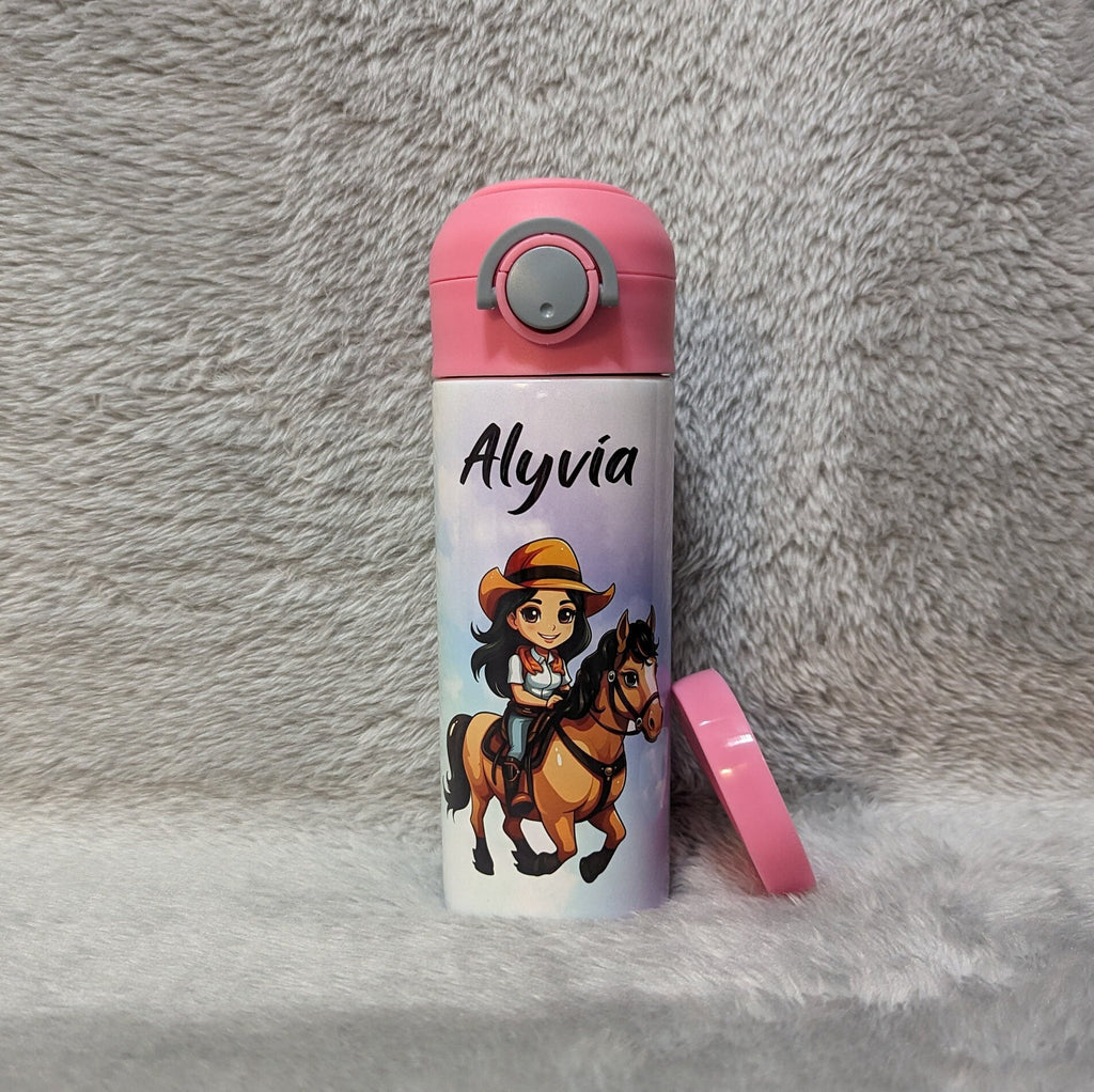 Adorable Dark Hair Cowgirl Riding Pony Kids Water Bottle 12oz With Reusable Straw Can Be Personalized