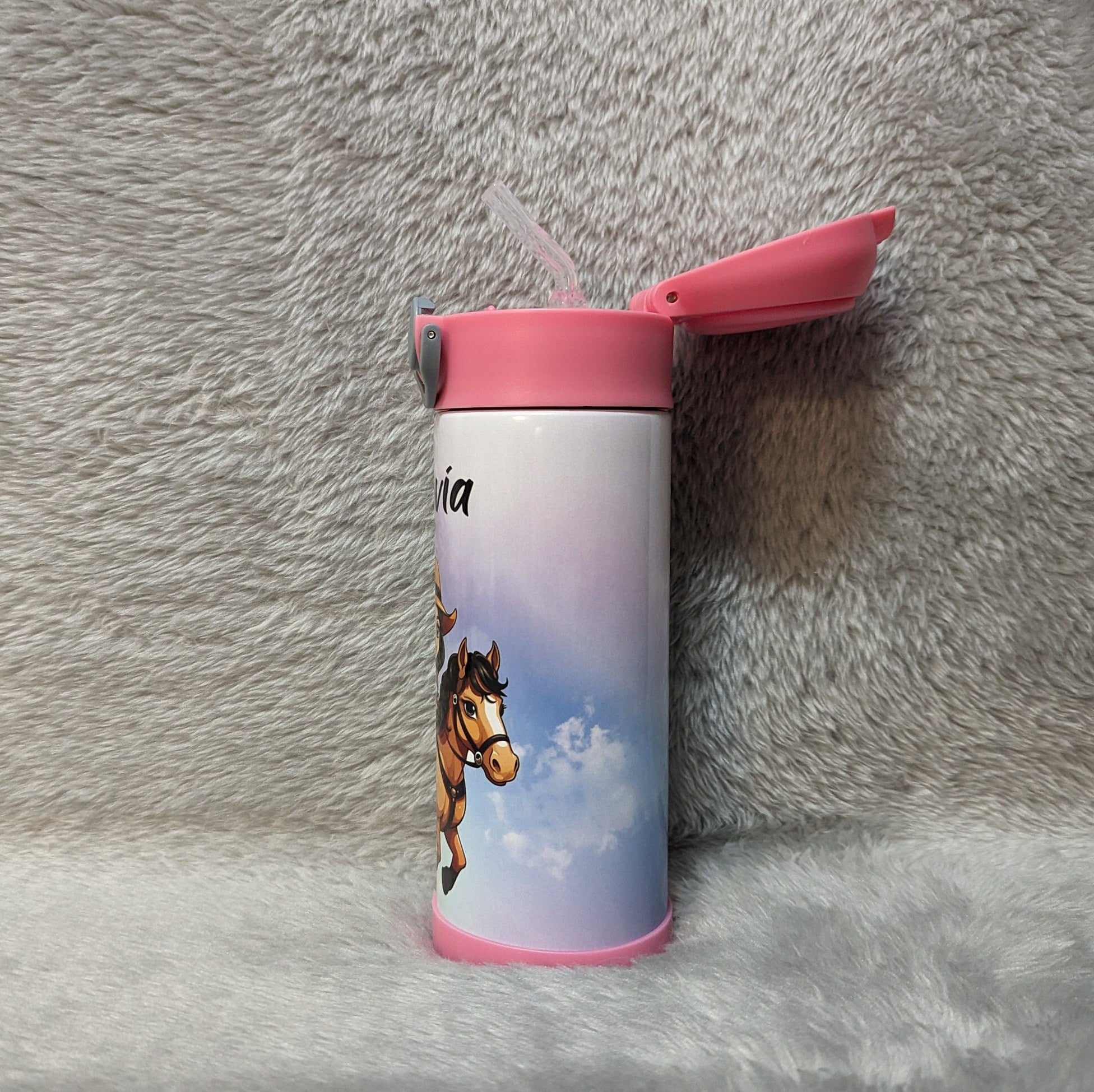 Adorable Dark Hair Cowgirl Riding Pony Kids Water Bottle 12oz With Reusable Straw Can Be Personalized
