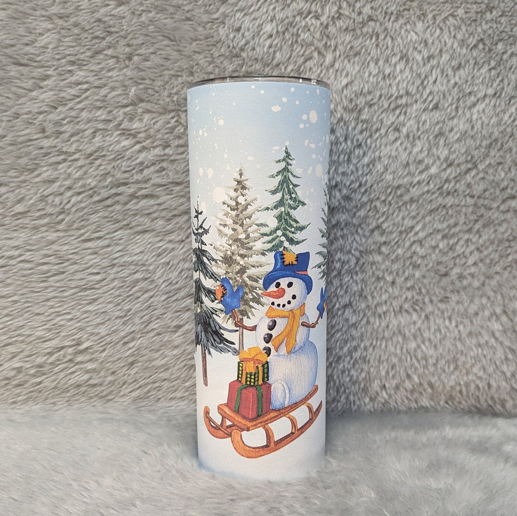 Snowman Tumbler With Two Snowmen Enjoying The Snow While On Their Skis and Sled, Can Also Be Personalized, Cup With Name, Winter Lover Gift