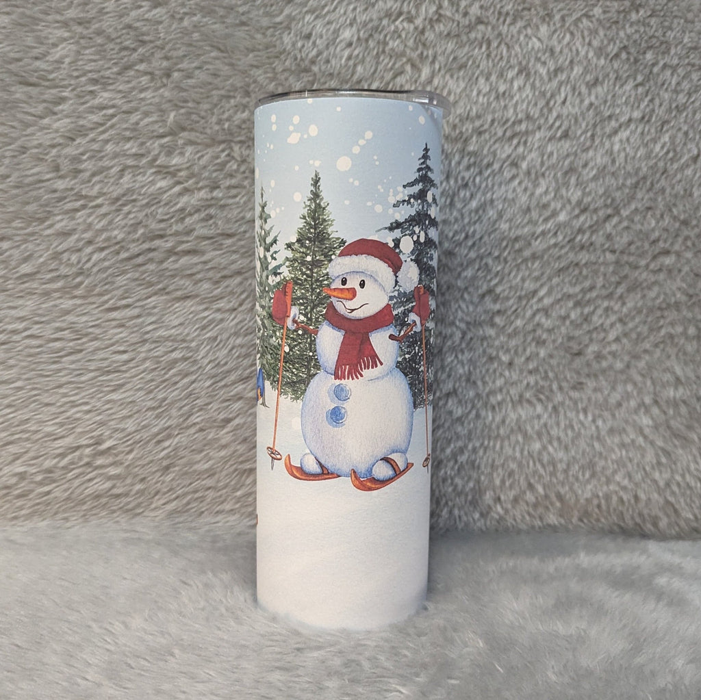 Snowman Tumbler With Two Snowmen Enjoying The Snow While On Their Skis and Sled, Can Also Be Personalized, Cup With Name, Winter Lover Gift