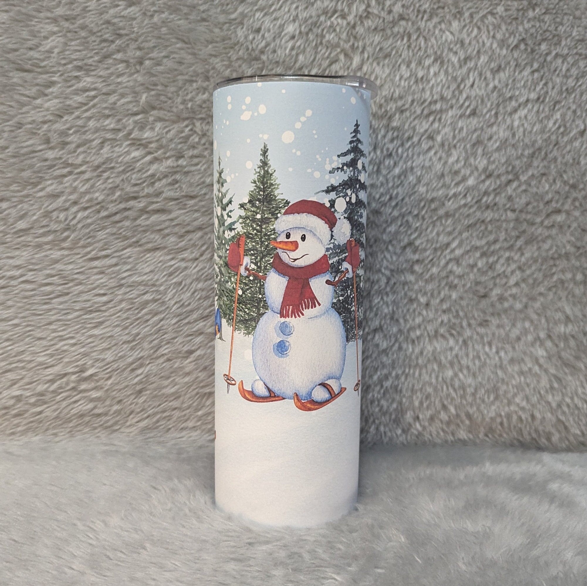 Snowman Tumbler With Two Snowmen Enjoying The Snow While On Their Skis and Sled, Can Also Be Personalized, Cup With Name, Winter Lover Gift