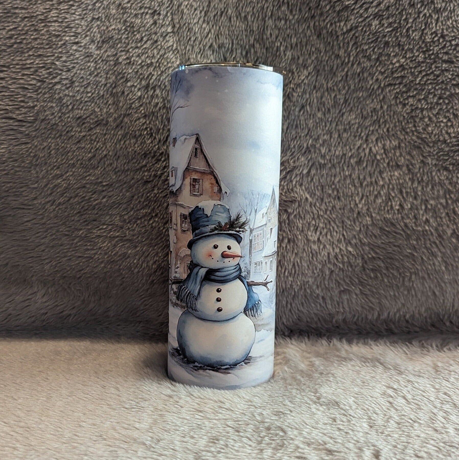 Festive Snowman Tumbler With A Snowman Wearing Blue and A Winter Scene, Great Gift For Winter and Snowman Lovers, Great Gift