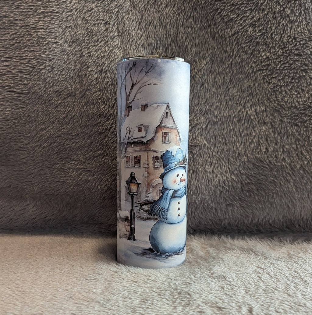 Festive Snowman Tumbler With A Snowman Wearing Blue and A Winter Scene, Great Gift For Winter and Snowman Lovers, Great Gift