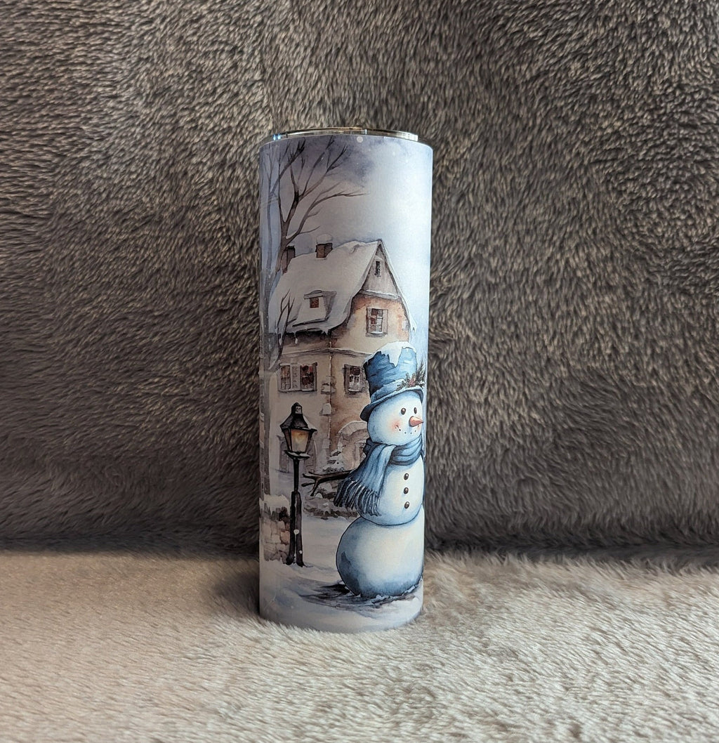 Festive Snowman Tumbler With A Snowman Wearing Blue and A Winter Scene, Great Gift For Winter and Snowman Lovers, Great Gift