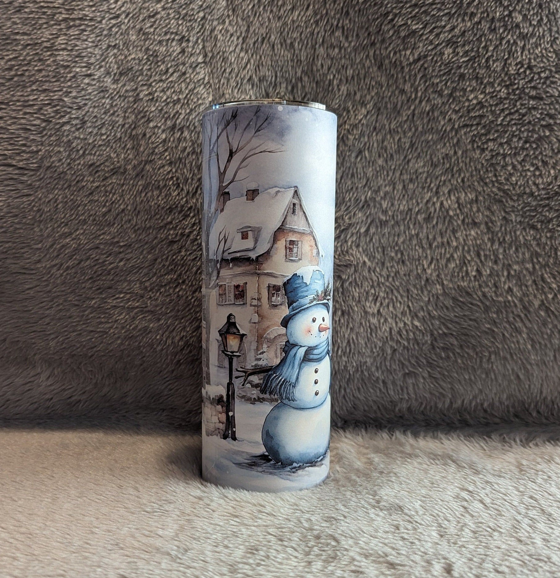 Festive Snowman Tumbler With A Snowman Wearing Blue and A Winter Scene, Great Gift For Winter and Snowman Lovers, Great Gift