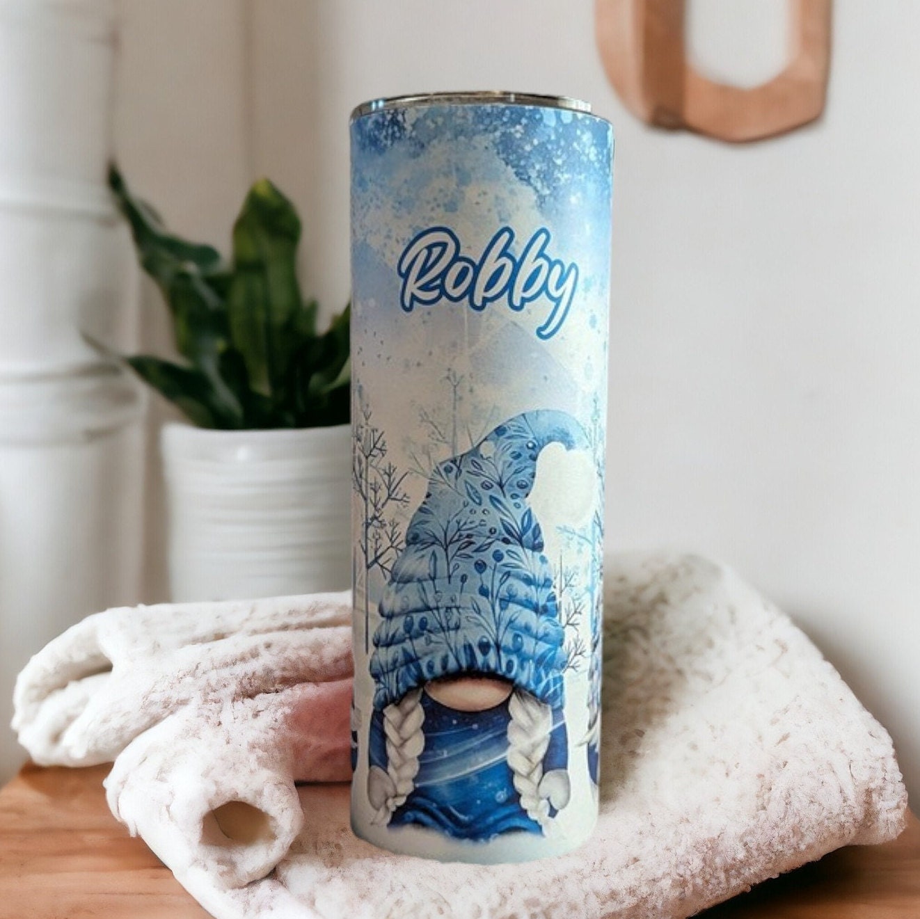 Christmas Gnomes In Blue Tumbler, Gnome Cup With Straw, Gnome Gift, Personalized Gnome Tumbler, Gnome Cup With Name, Personalized Cup