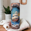 Sailboat Ship Hole In The Wall Design Tumbler, 3D Design Ship Tumbler, Includes A Plastic Reusable Straw, Hot Or Cold Drinks, Home Or Work