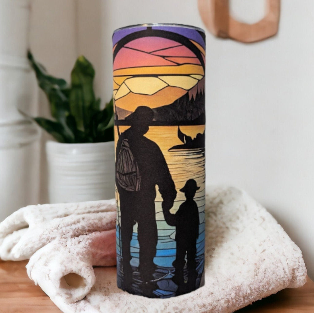 Father and Son Standing By The Lake Stained Glass Design Tumbler 20oz With Reusable Straw, Can Be Personalized
