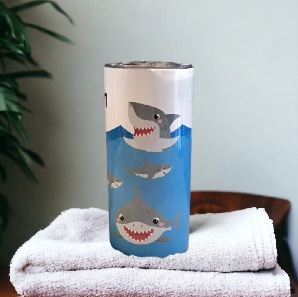 Kids Shark Tumbler Can Be Personalized, Kids Cup With Name and Reusable Straw, 15oz Skinny Tumbler - Great Size For Kids On The Go