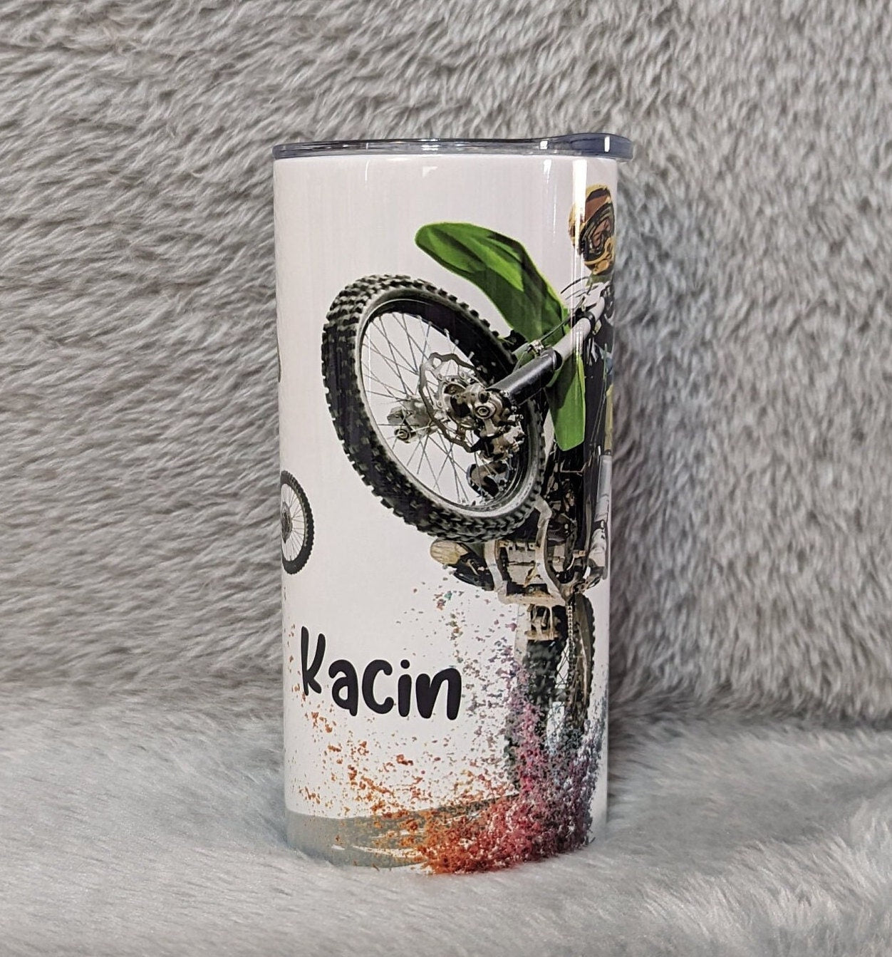 Kids Dirt Bike Tumbler with Plastic Straw, Kids Dirt bike Tumbler Personalized, Kids Dirt Bike Cup With Name, Stainless Steel Insulated Cup