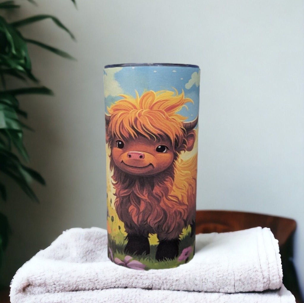 Kids Cow Tumbler With A Cute Highland Cow, Highland Cow Cup With Name, Personalized Tumbler For Kids At Home Or On The Go, Includes Straw