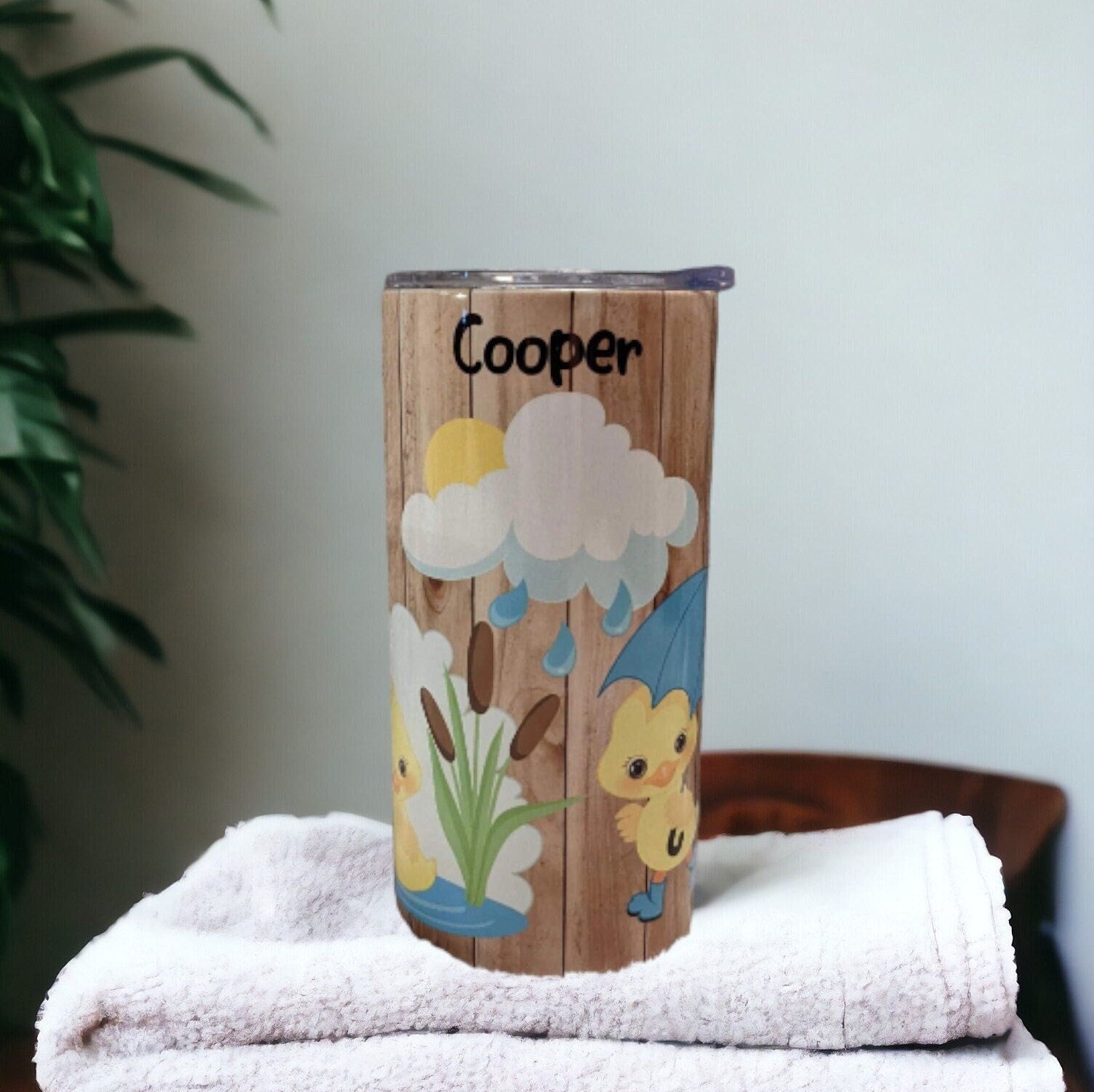 Cute Duck Tumbler With Ducks In The Rain With Their Umbrellas, Can Be Personalized, Cup With Name, Includes Reusable Plastic Straw