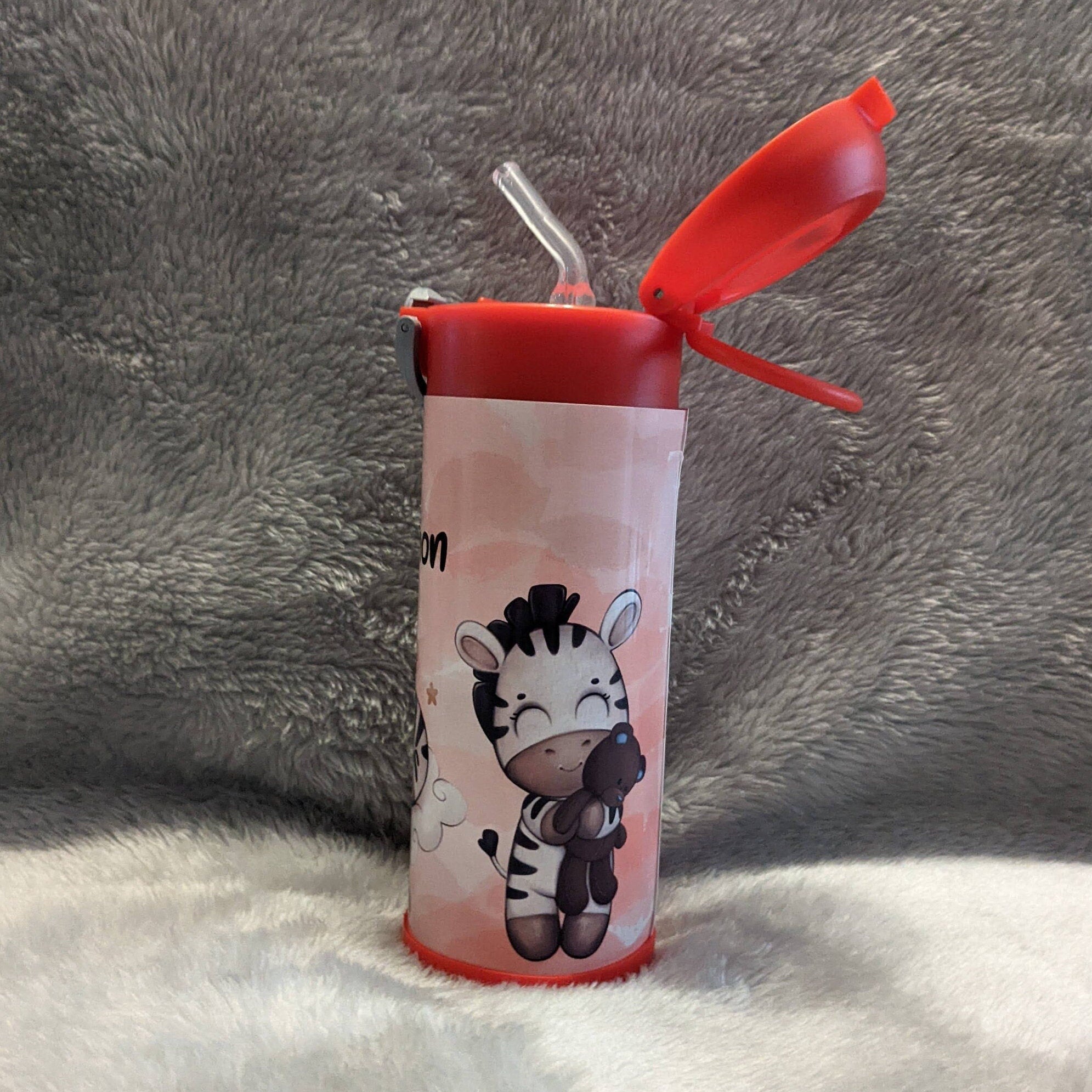 Kids Zebra Water Bottle 12oz With Reusable Straw Can Be Personalized