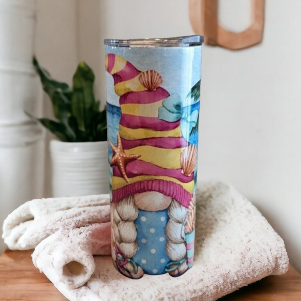 Cute Beach Gnome Tumbler Can be Personalized, Great For Home Or At The Beach, 20oz Insulated Tumbler With Reusable Straw, Beach Lover Gift