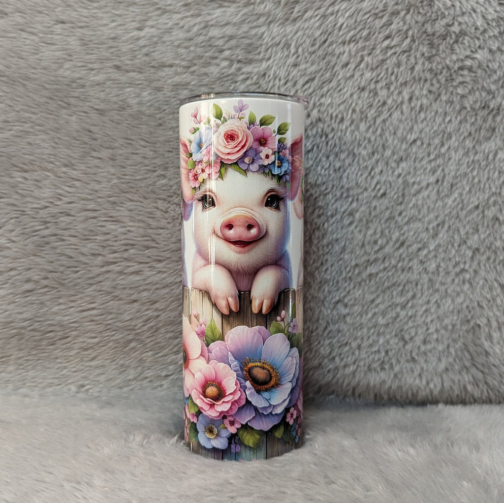Adorable Pig Tumbler: Quirky Farm Animals by the Floral Fence, 20oz Skinny Tumbler Can Be Personalized, Beautiful Gift For Pig Lover