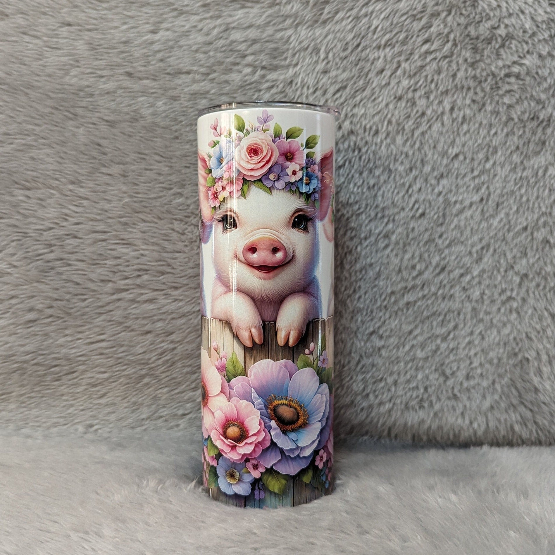 Adorable Pig Tumbler: Quirky Farm Animals by the Floral Fence, 20oz Skinny Tumbler Can Be Personalized, Beautiful Gift For Pig Lover