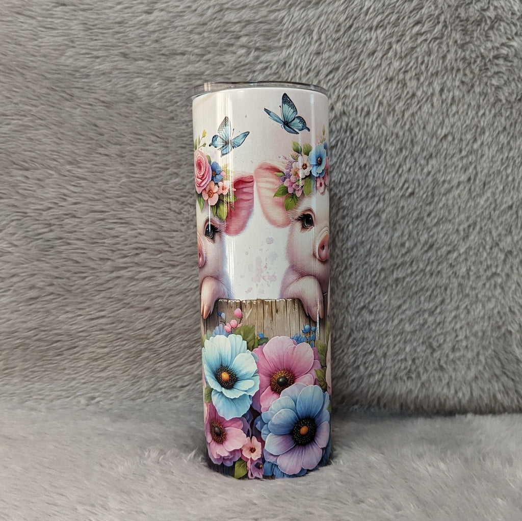 Adorable Pig Tumbler: Quirky Farm Animals by the Floral Fence, 20oz Skinny Tumbler Can Be Personalized, Beautiful Gift For Pig Lover