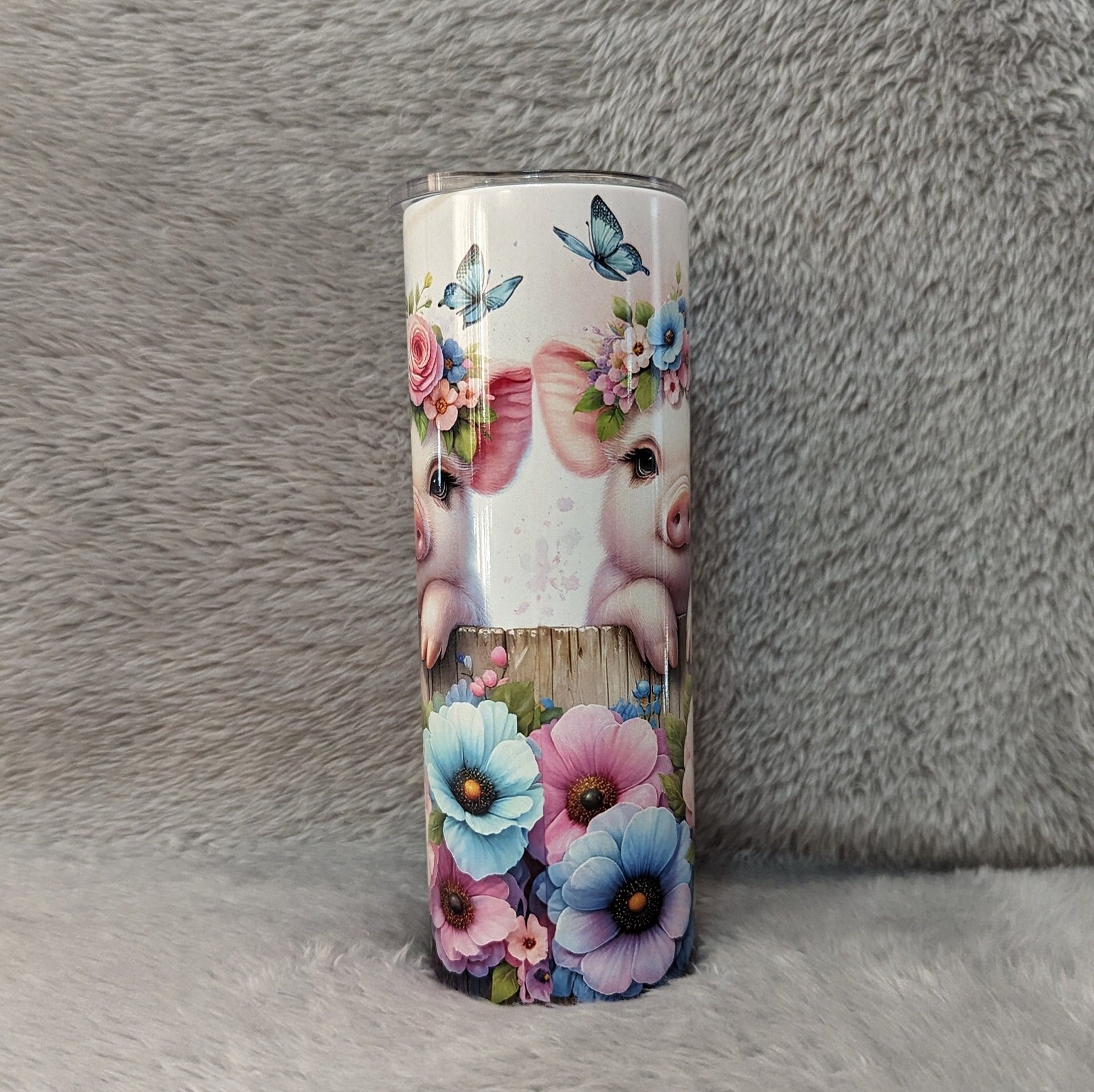 Adorable Pig Tumbler: Quirky Farm Animals by the Floral Fence, 20oz Skinny Tumbler Can Be Personalized, Beautiful Gift For Pig Lover