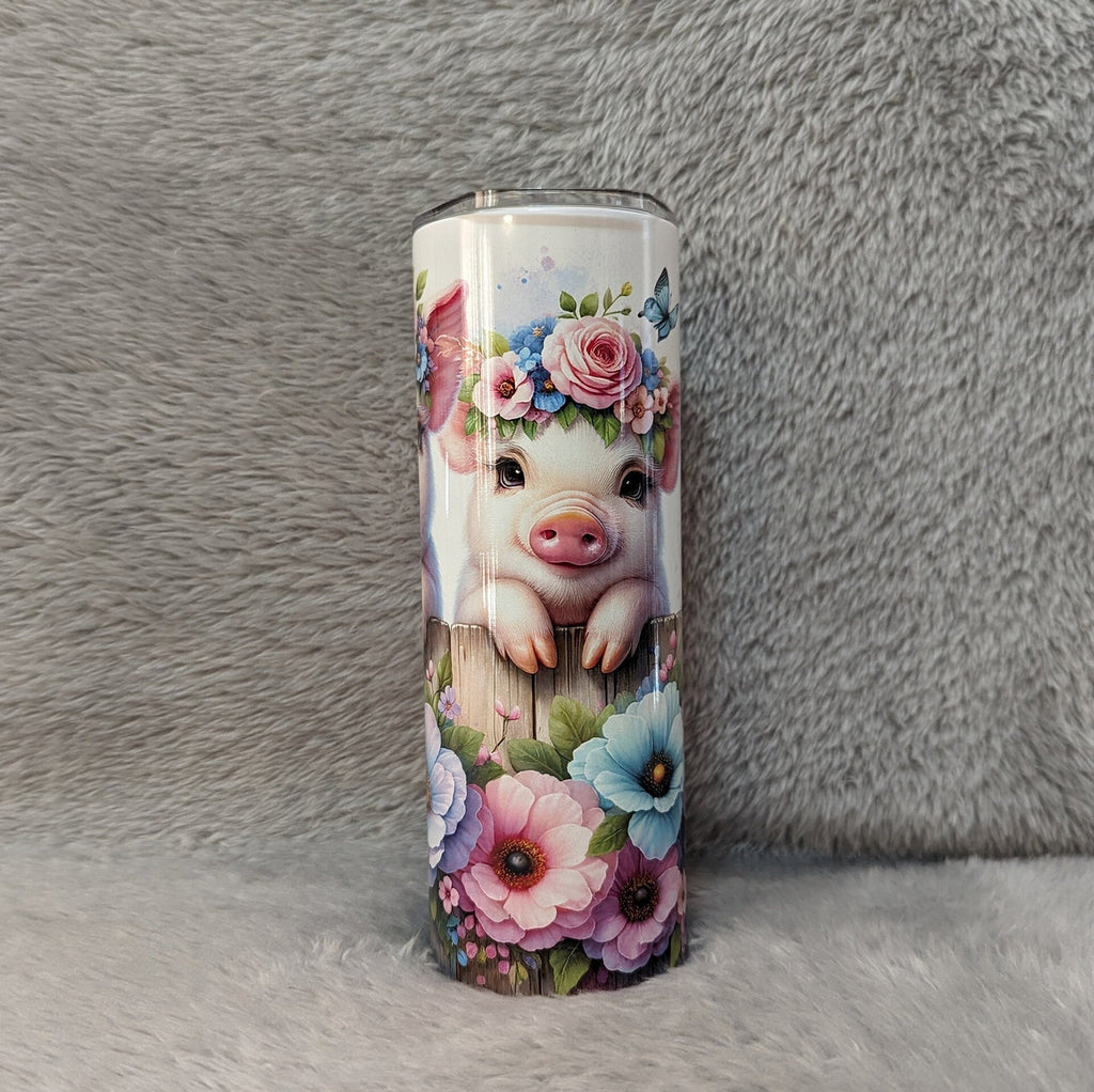 Adorable Pig Tumbler: Quirky Farm Animals by the Floral Fence, 20oz Skinny Tumbler Can Be Personalized, Beautiful Gift For Pig Lover