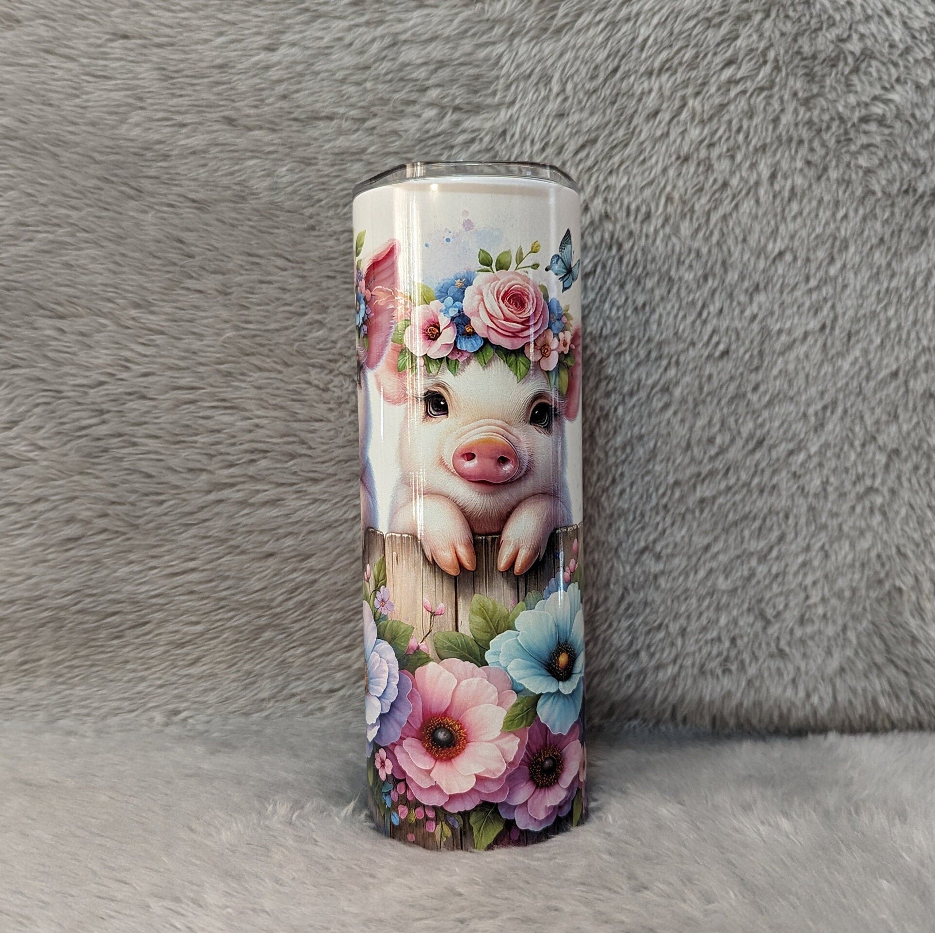 Adorable Pig Tumbler: Quirky Farm Animals by the Floral Fence, 20oz Skinny Tumbler Can Be Personalized, Beautiful Gift For Pig Lover