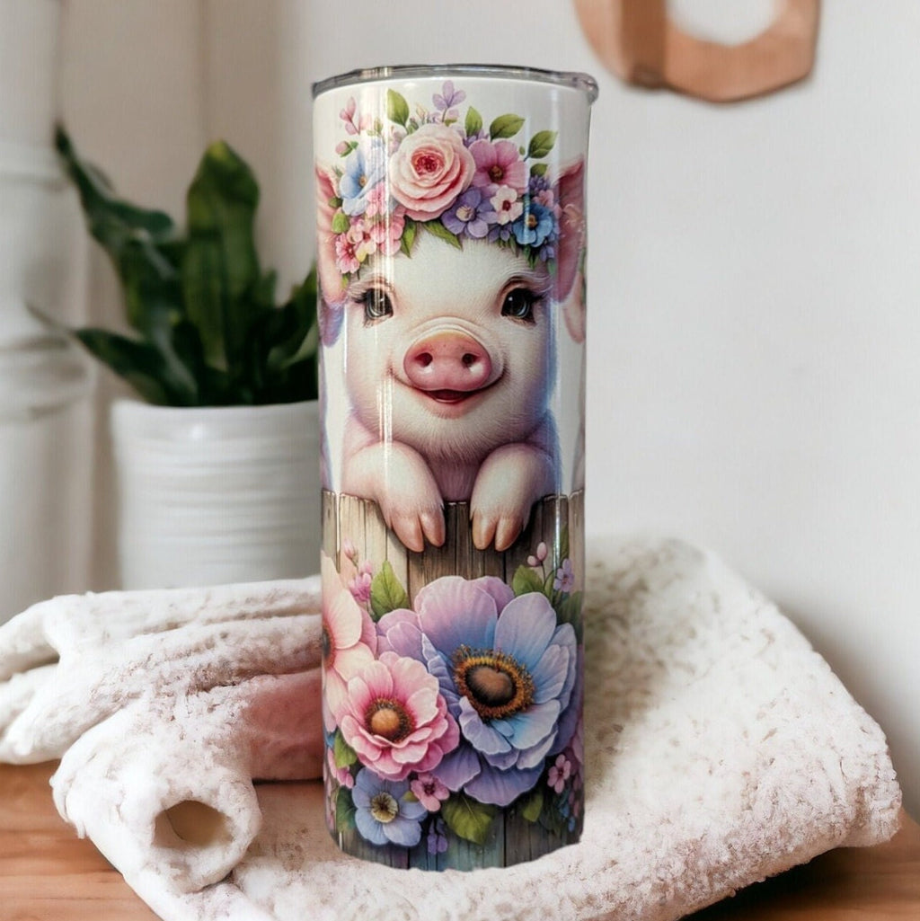 Adorable Pig Tumbler: Quirky Farm Animals by the Floral Fence, 20oz Skinny Tumbler Can Be Personalized, Beautiful Gift For Pig Lover
