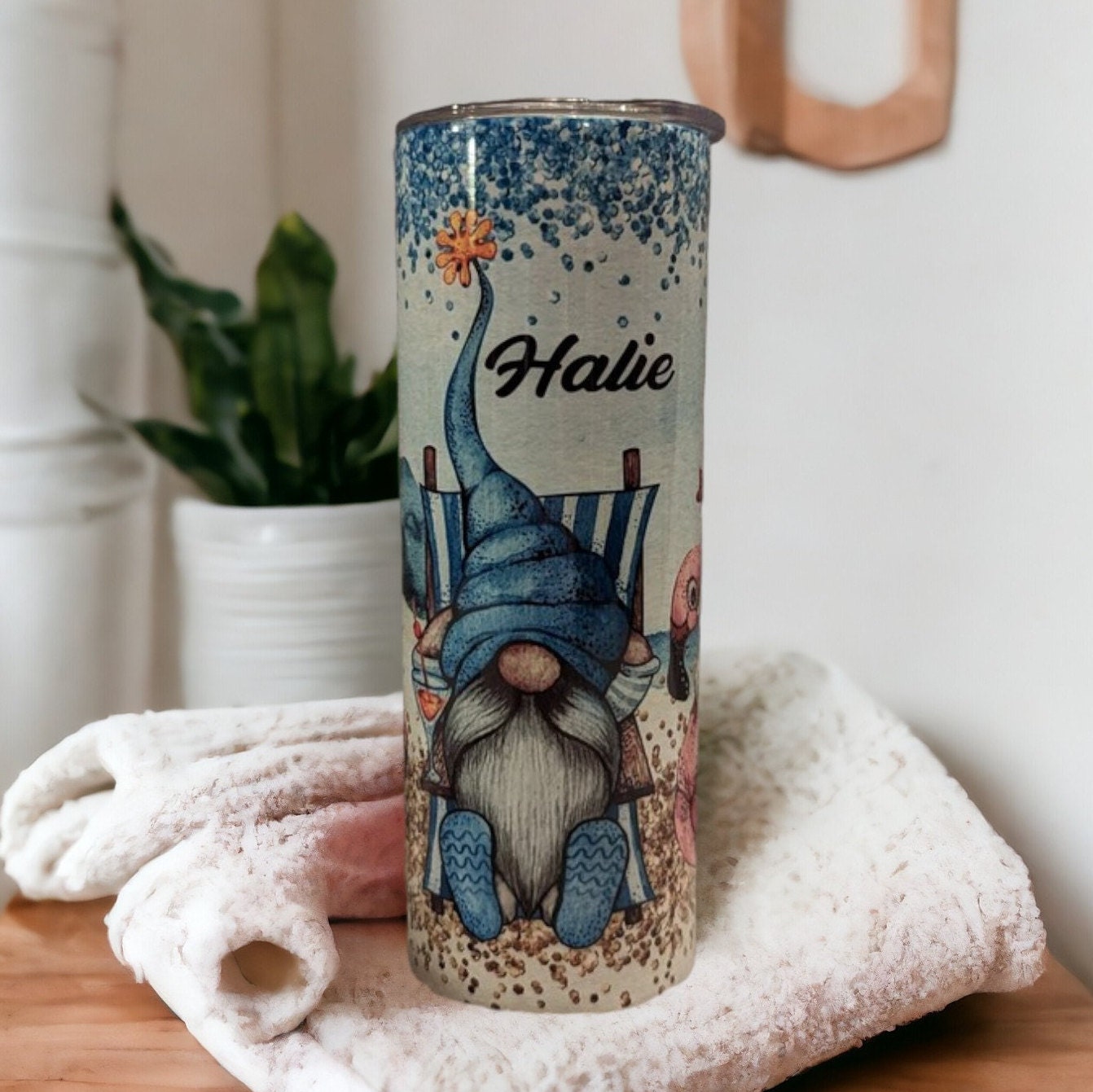 Beach Gnome Tumbler With Three Gnomes Relaxing On The Beach, Gift For Beach Lover, Beach Gnome Cup, Personalized Gnome Tumbler, 20oz Tumbler