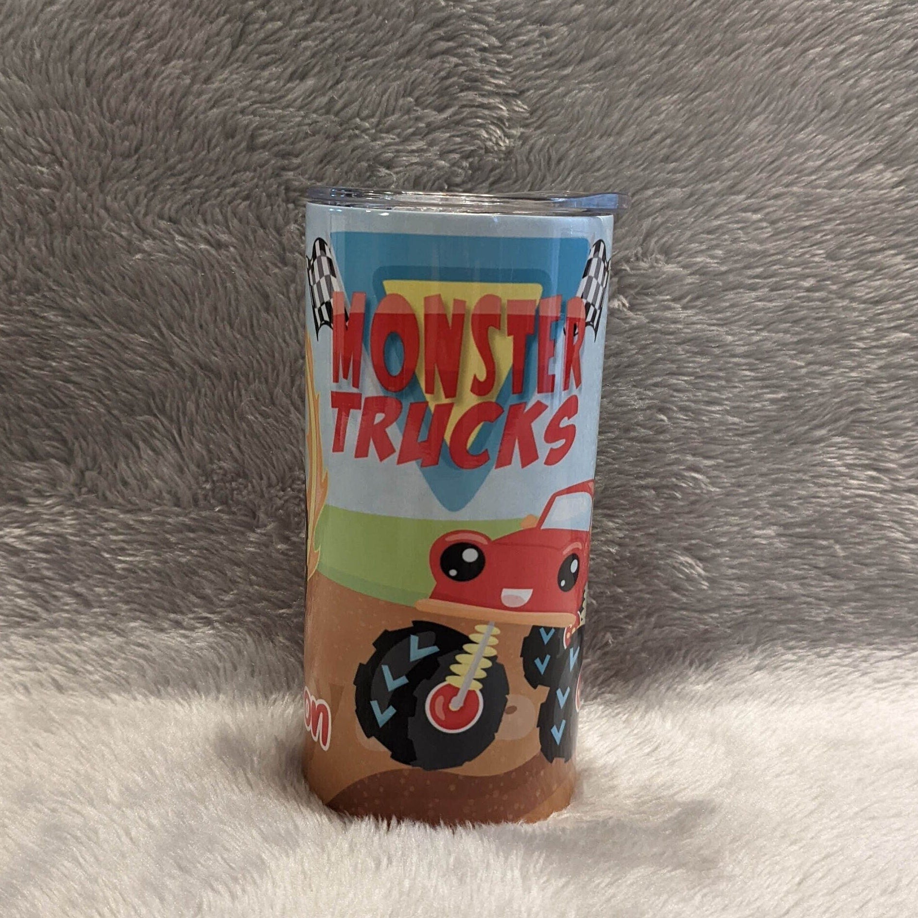 Kids Monster Truck Tumbler, Can Be Personalized, Cup With Name, 15oz Tumbler Includes A Reusable Plastic Straw, For Home Or On The Go