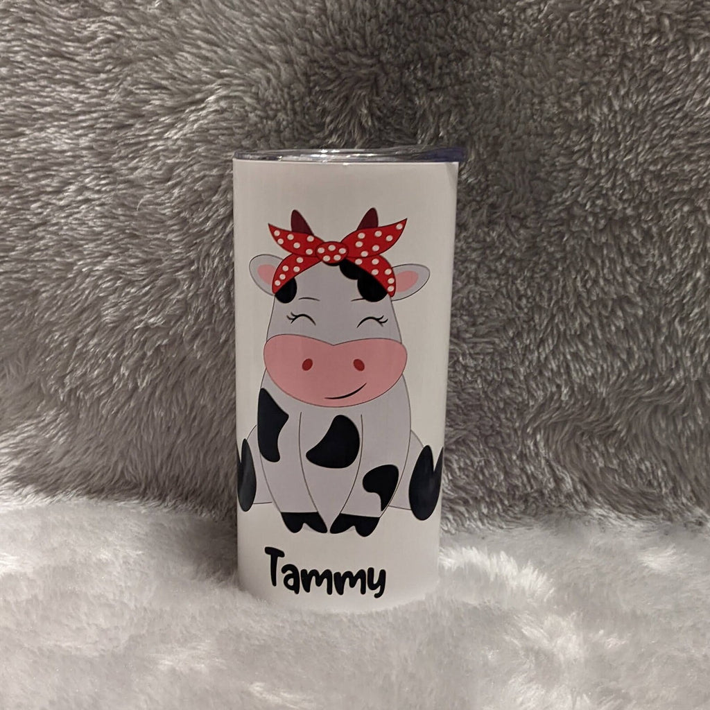 Kids Cow Tumbler With A Cute Cow and Her Polka Dot Hair Bow, Can Also Be Personalized, Kids Cow Cup With Name, Includes Plastic Straw