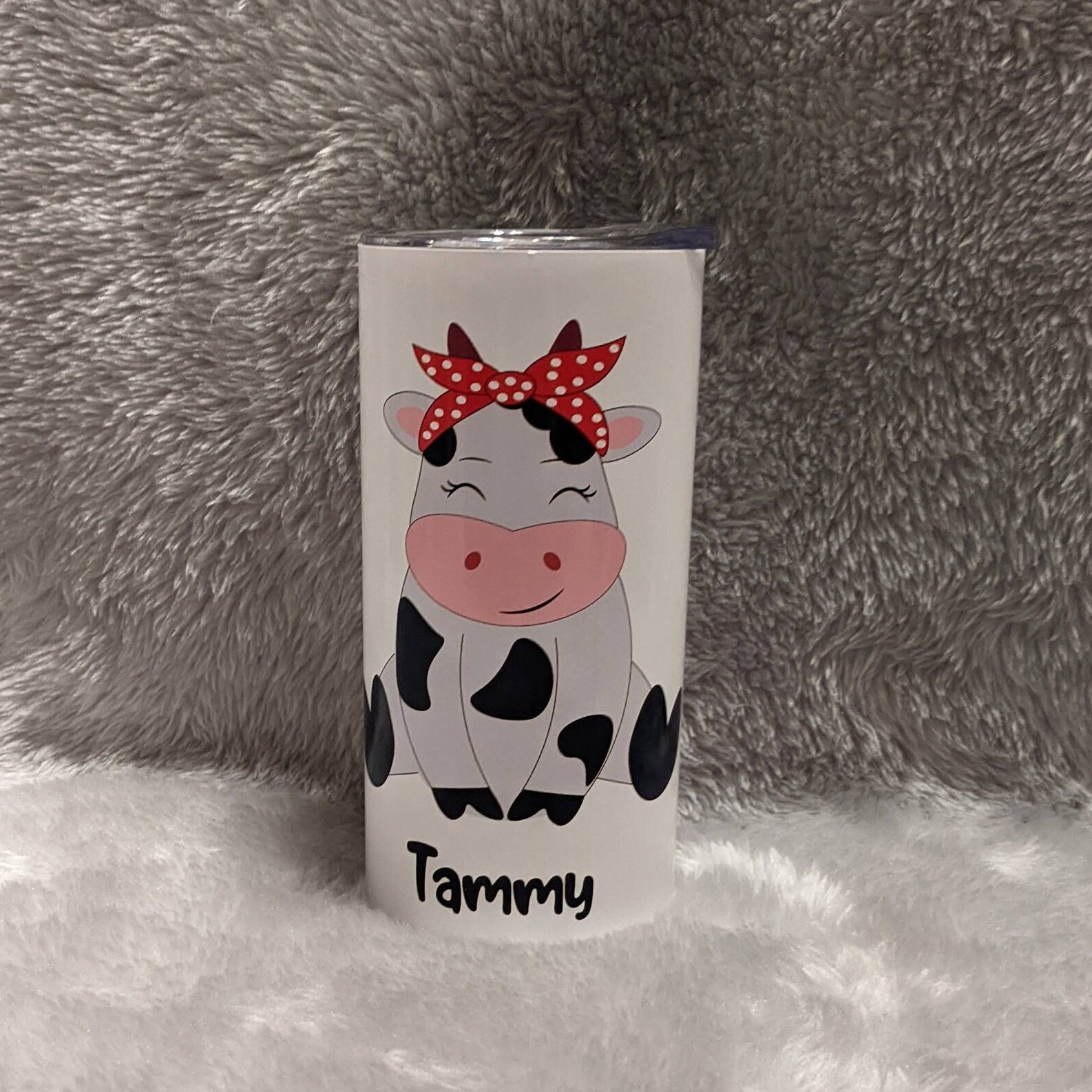 Kids Cow Tumbler With A Cute Cow and Her Polka Dot Hair Bow, Can Also Be Personalized, Kids Cow Cup With Name, Includes Plastic Straw