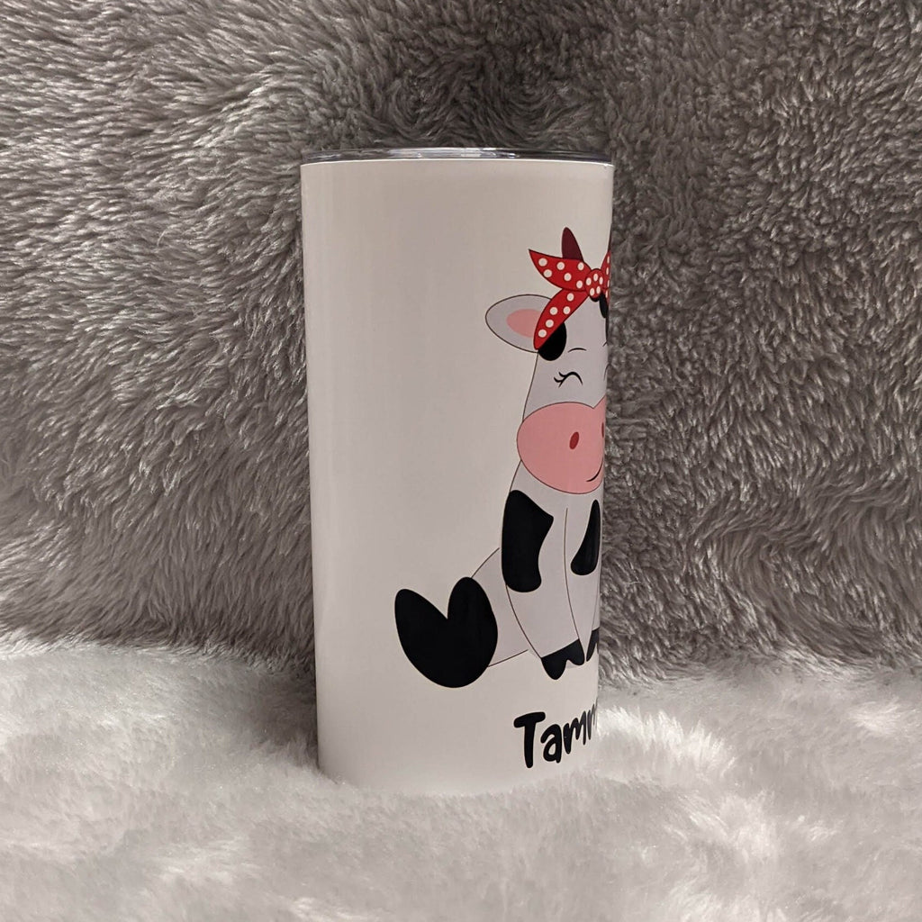 Kids Cow Tumbler With A Cute Cow and Her Polka Dot Hair Bow, Can Also Be Personalized, Kids Cow Cup With Name, Includes Plastic Straw
