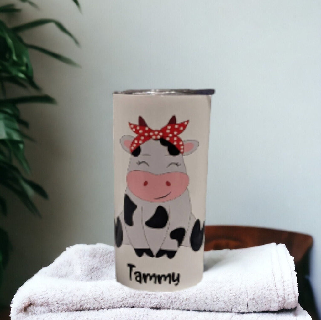 Kids Cow Tumbler With A Cute Cow and Her Polka Dot Hair Bow, Can Also Be Personalized, Kids Cow Cup With Name, Includes Plastic Straw