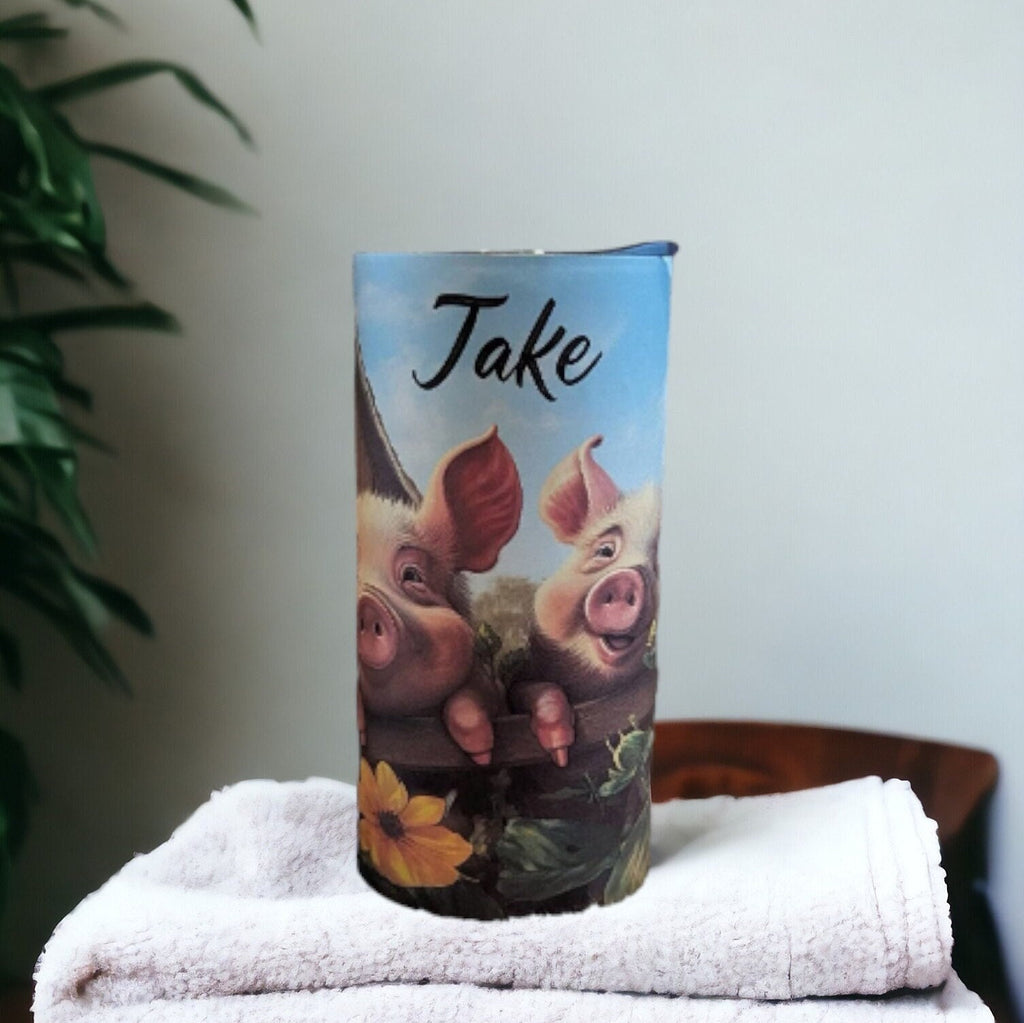 Adorable Kids Pig Tumbler with Playful Pigs Hanging Over Fence  Perfect for Little Ones, Kids Pig Cup With Name, Kids Piglet Tumbler Cup