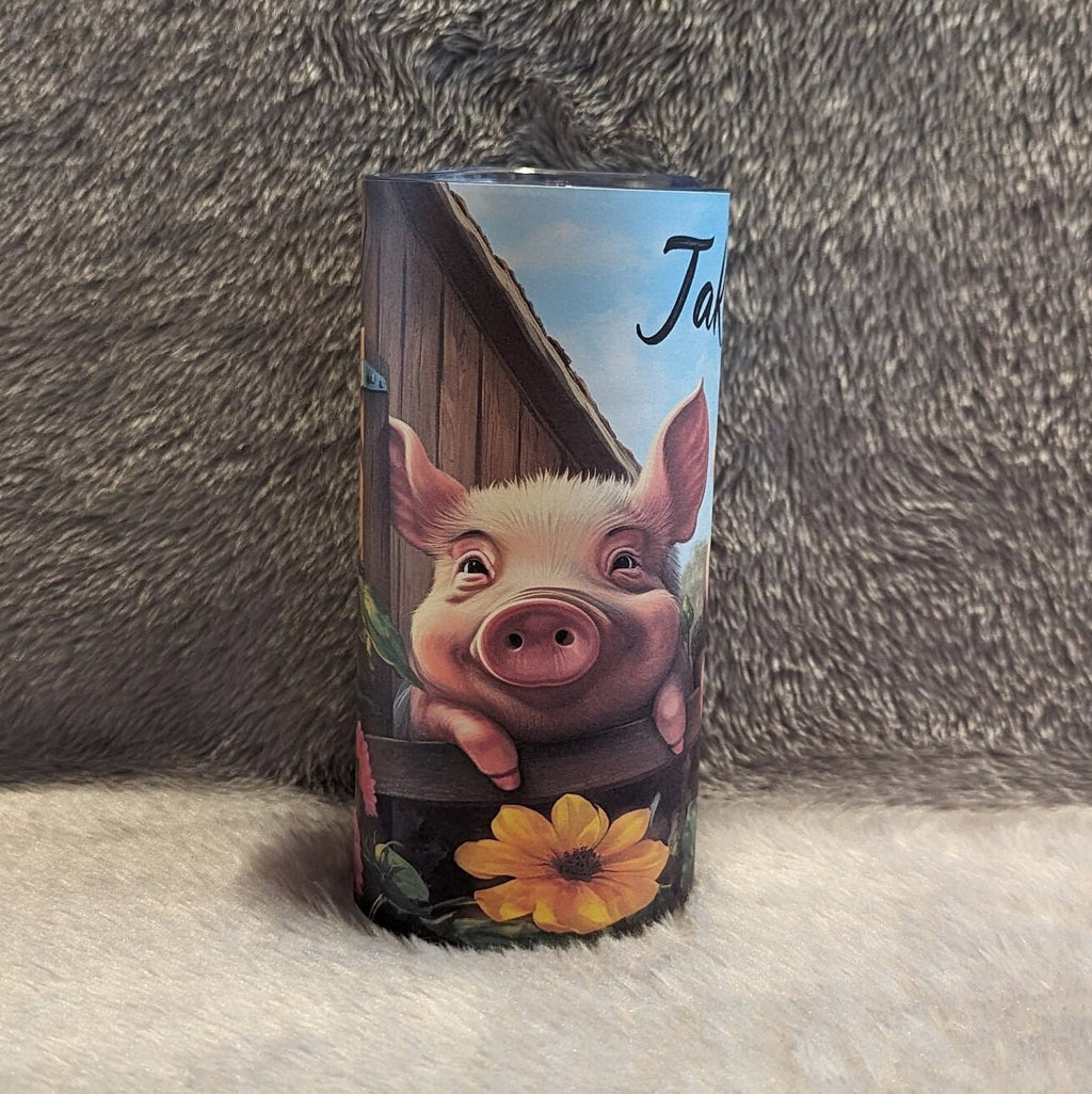 Adorable Kids Pig Tumbler with Playful Pigs Hanging Over Fence  Perfect for Little Ones, Kids Pig Cup With Name, Kids Piglet Tumbler Cup