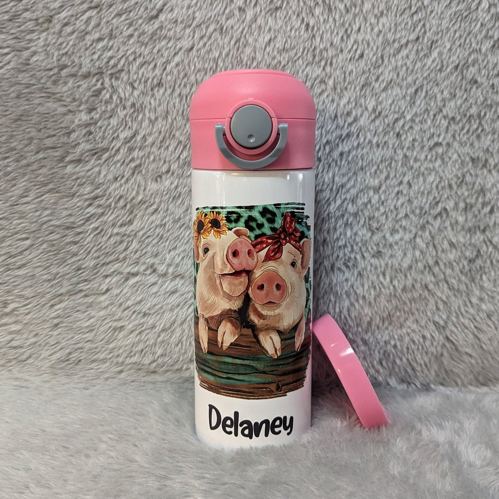 Kids Pig Water Bottle 12oz With Reusable Straw Can Be Personalized