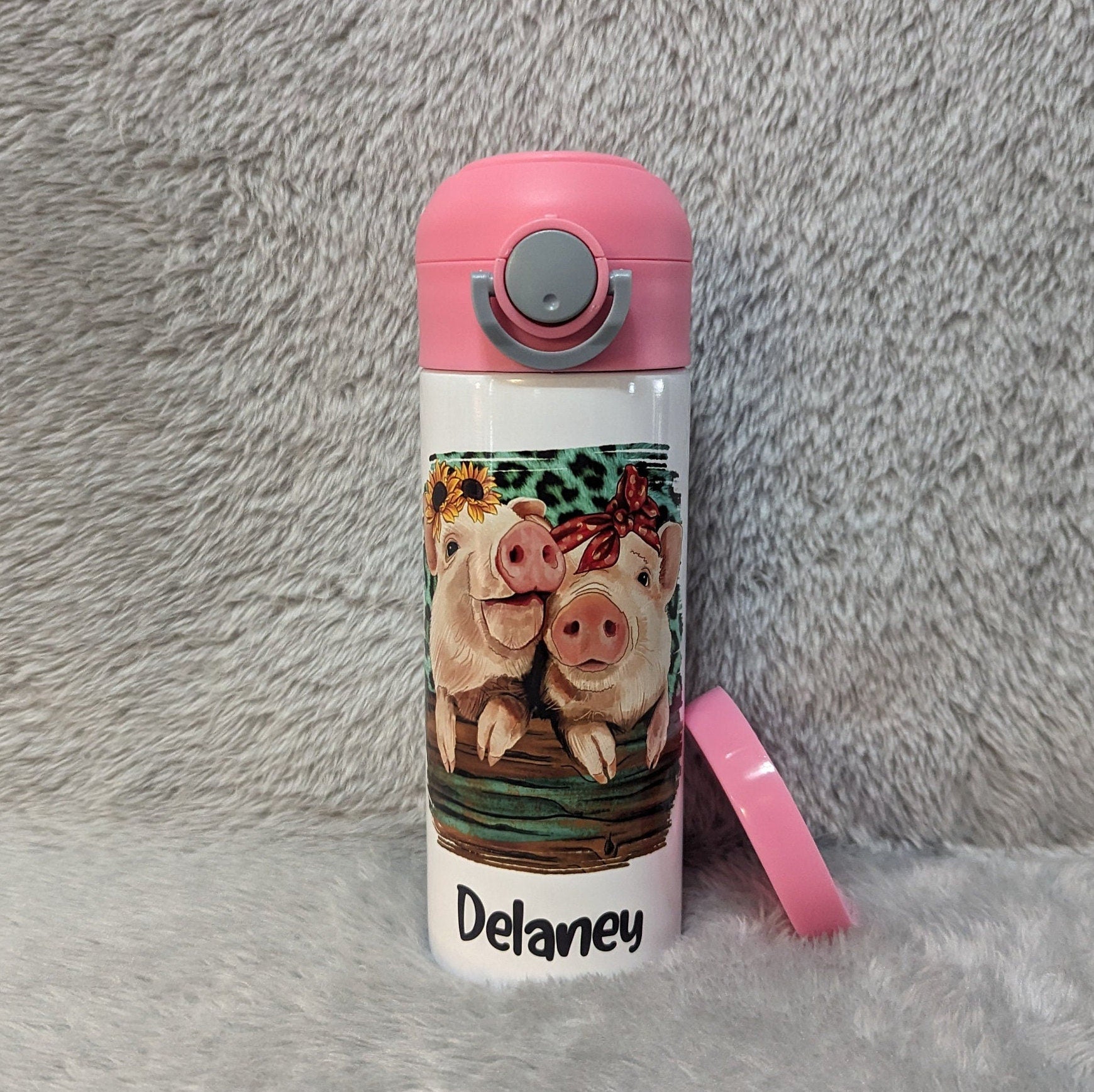 Kids Pig Water Bottle 12oz With Reusable Straw Can Be Personalized