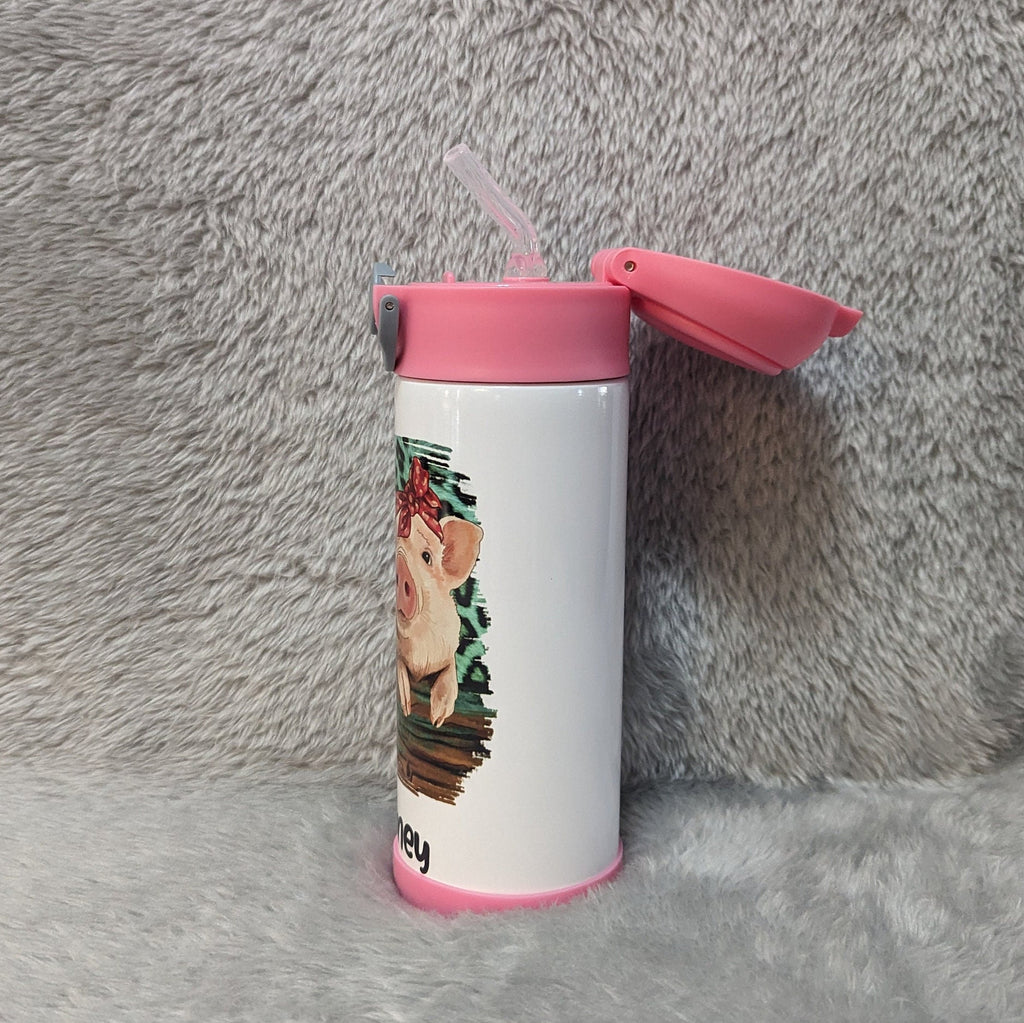 Kids Pig Water Bottle 12oz With Reusable Straw Can Be Personalized