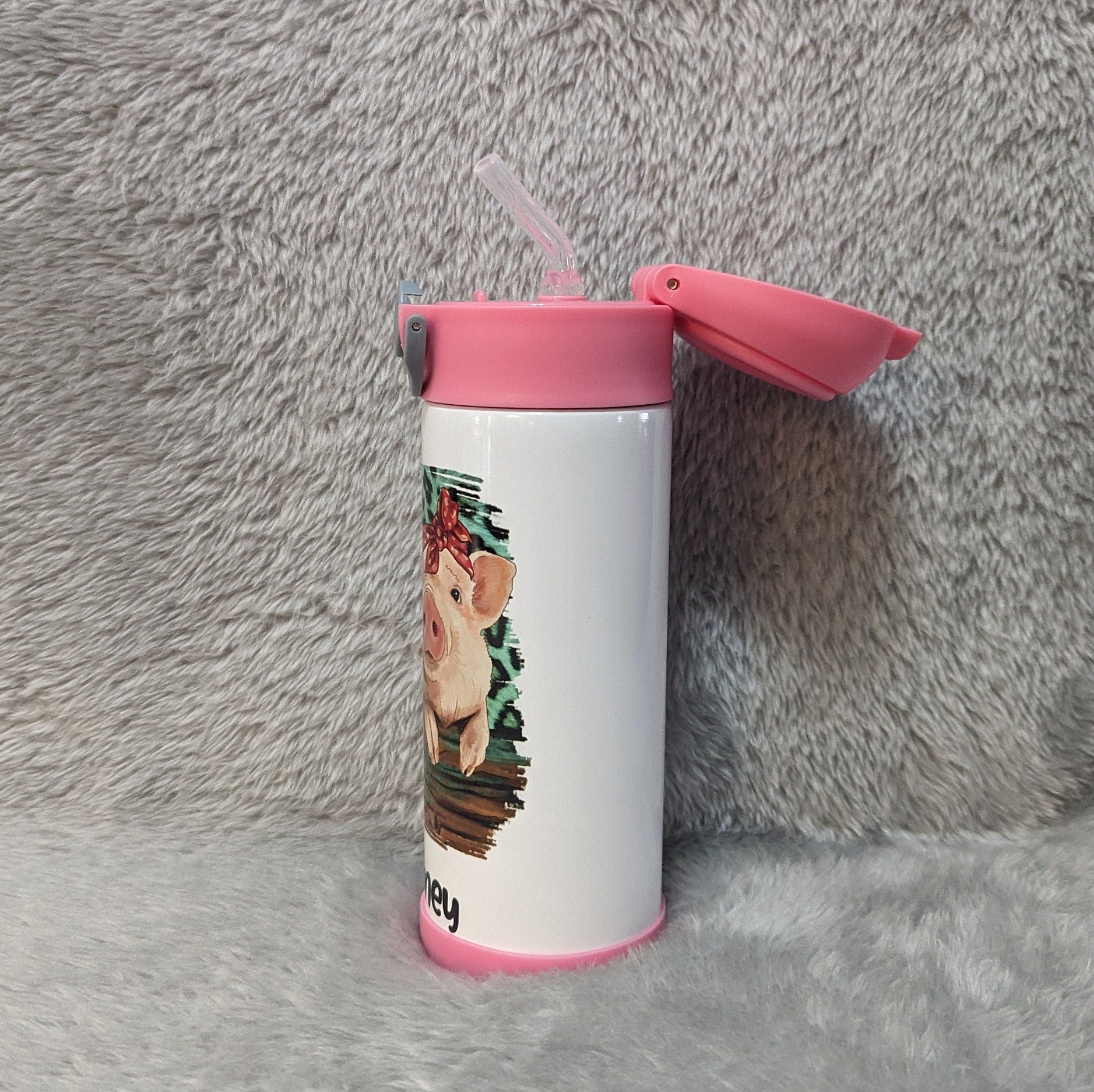 Kids Pig Water Bottle 12oz With Reusable Straw Can Be Personalized