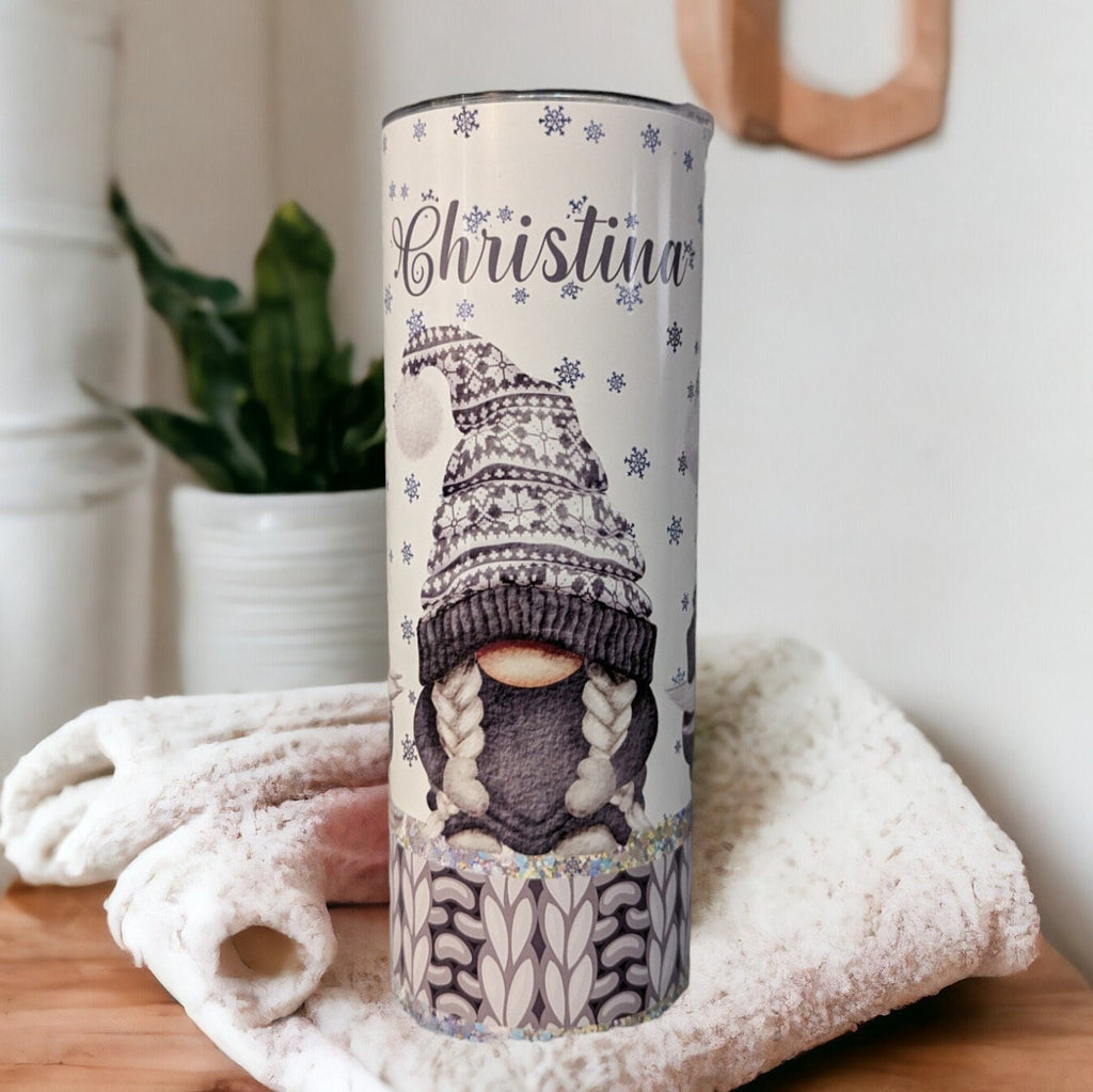 Adorable Gnome Tumbler With Gnomes Wearing Cute Gray Outfits, Gnome Cup, Winter Gnomes, Christmas Gnomes, 20oz Tumbler With Straw