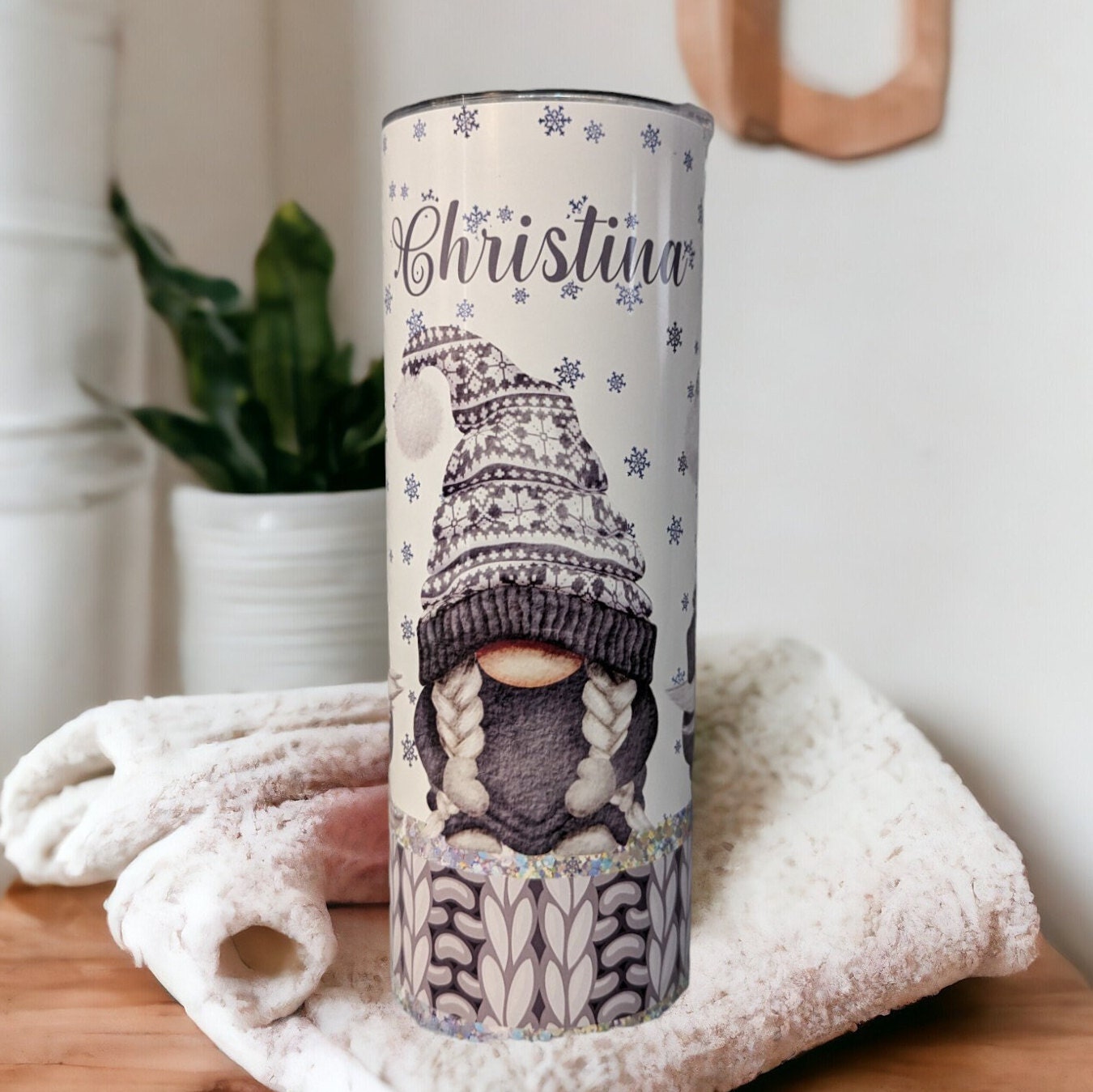 Adorable Gnome Tumbler With Gnomes Wearing Cute Gray Outfits, Gnome Cup, Winter Gnomes, Christmas Gnomes, 20oz Tumbler With Straw