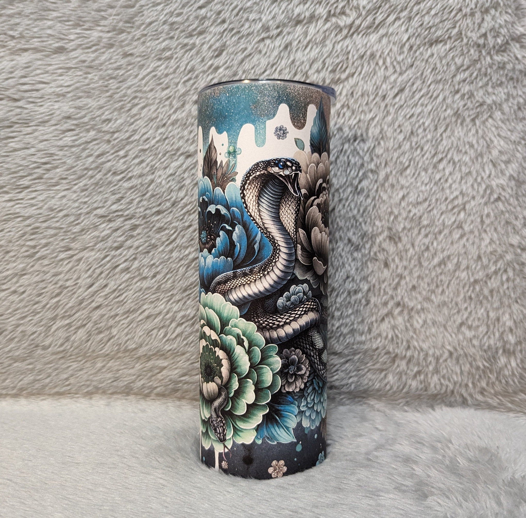 Cobra Snake Tumbler with Flowers in Blue and Green and a  Glitter Drip Design, Cup With Name, Includes Reusable Straw, Hot Or Cold Drinks