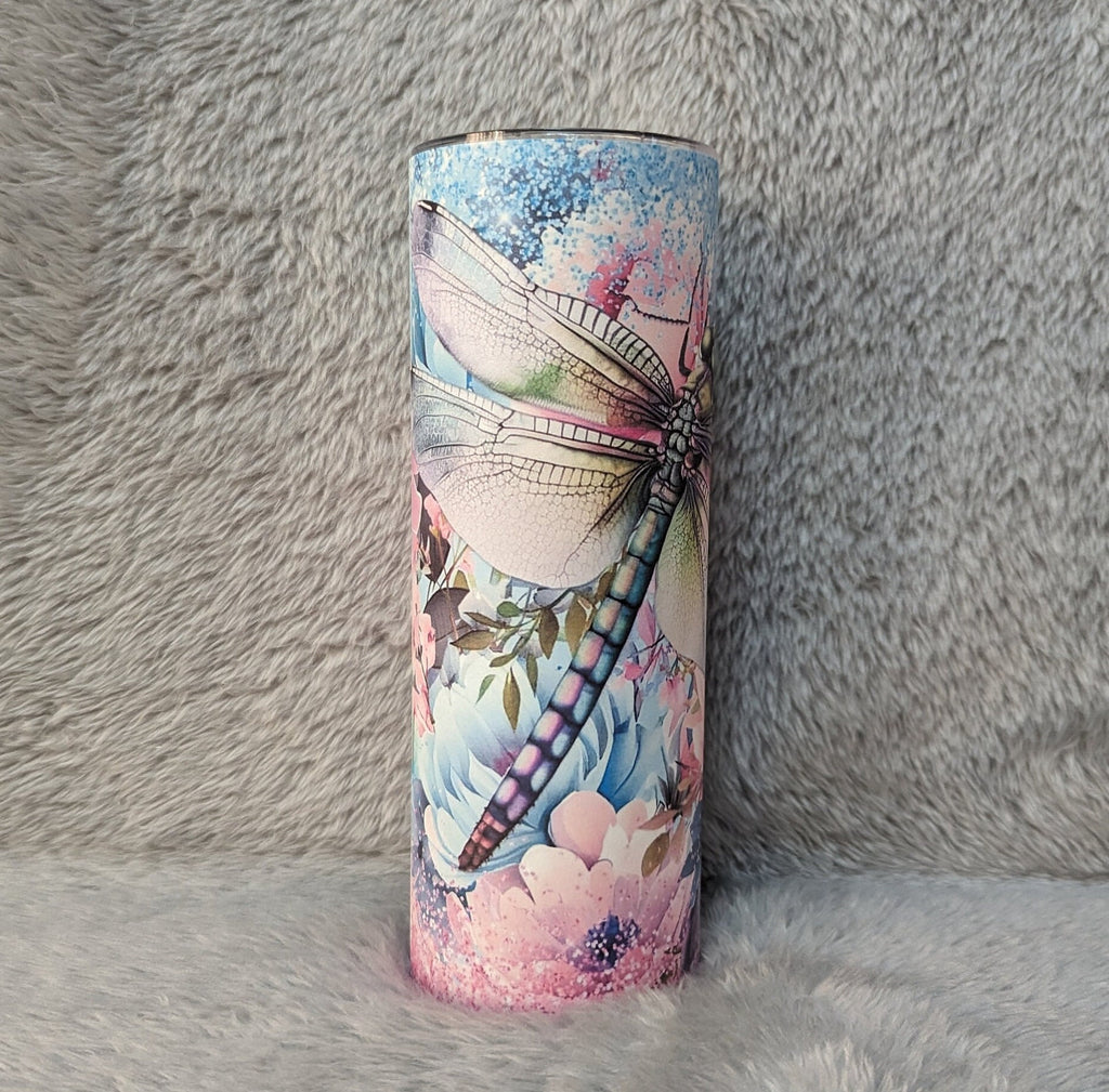 Dragonfly Tumbler With Dragonflies and Flowers, Can Be Personalized, Cup With Name,  20oz Insulated Tumbler with Straw For Every Day Use