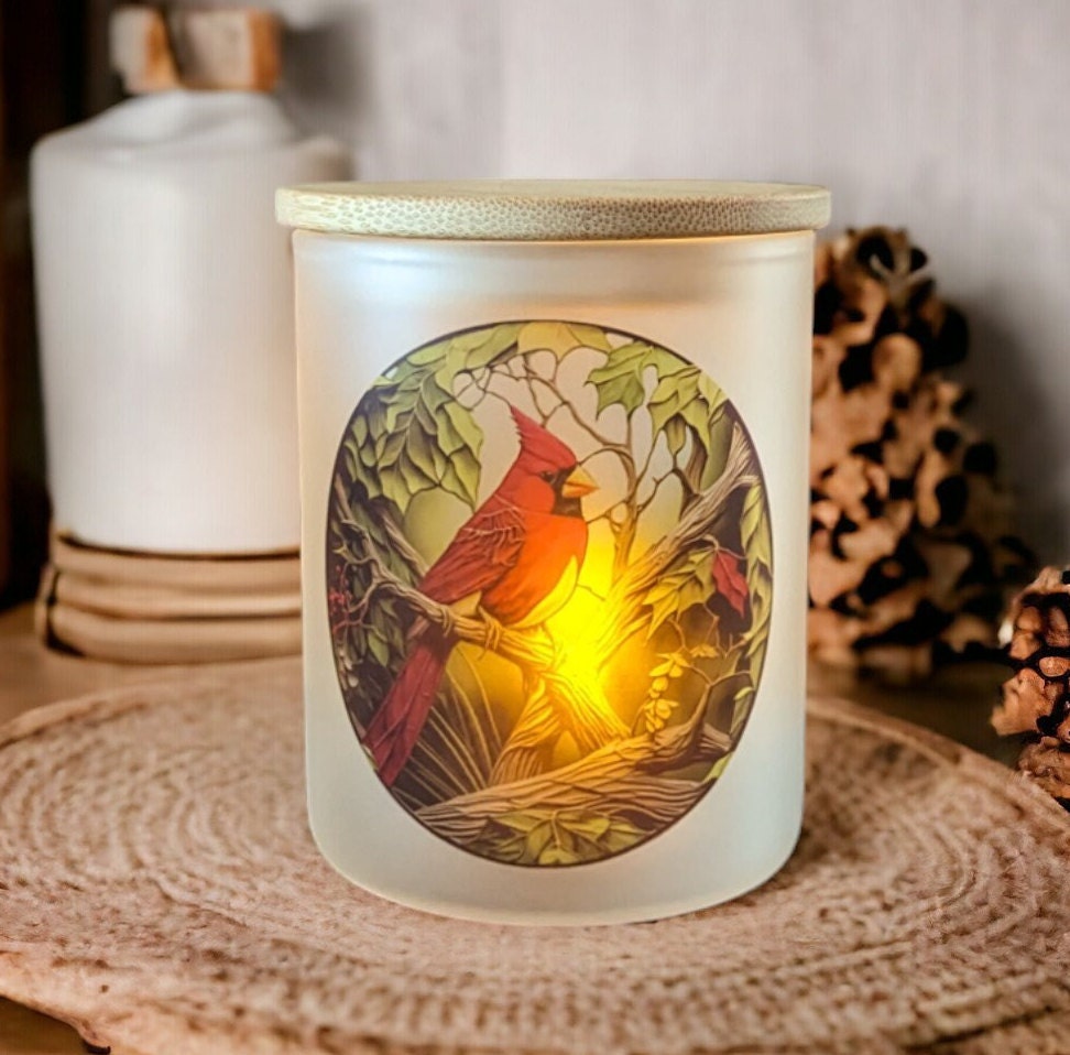 Stained Glass Design Red Cardinal Candle Holder with Flickering Tea Light