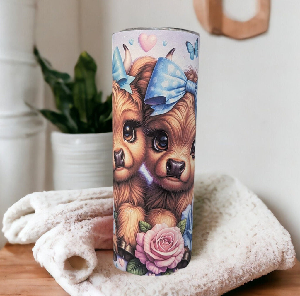 Highland Cow Tumbler with Cute Calf's Roses and Butterflies, Can Be Personalized, Highland Cow Lover Gift, Cup With Name Lid and Straw