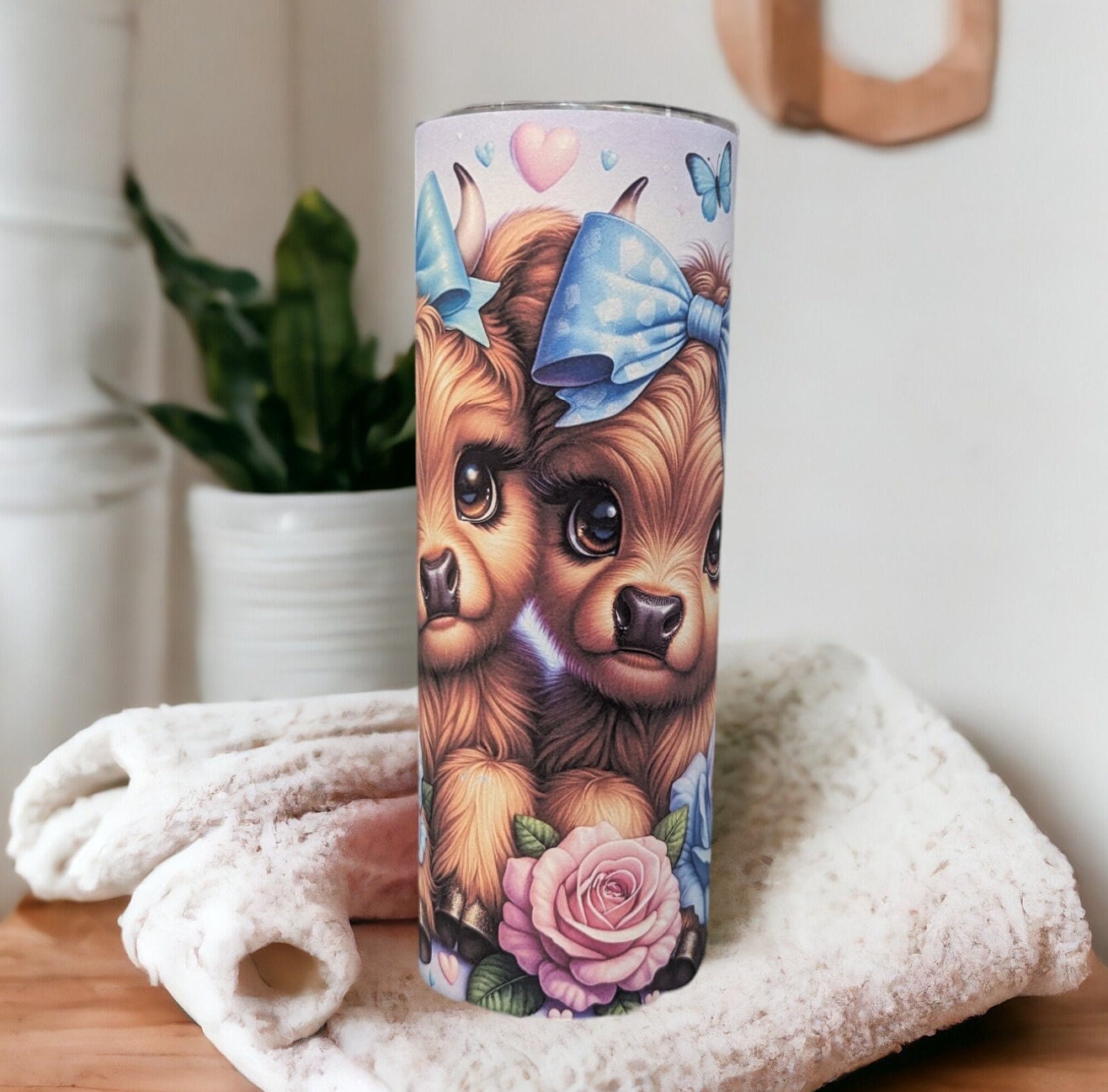 Highland Cow Tumbler with Cute Calf's Roses and Butterflies, Can Be Personalized, Highland Cow Lover Gift, Cup With Name Lid and Straw