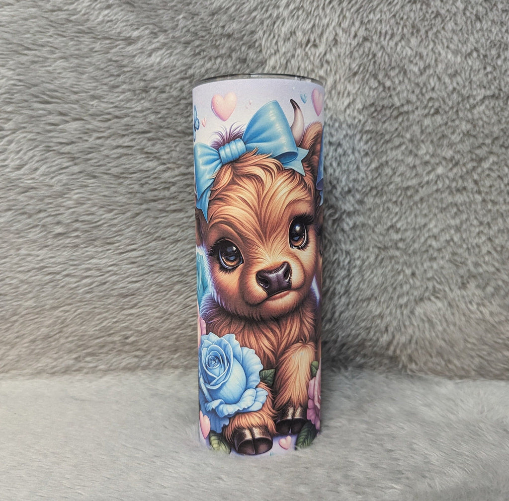 Highland Cow Tumbler with Cute Calf's Roses and Butterflies, Can Be Personalized, Highland Cow Lover Gift, Cup With Name Lid and Straw
