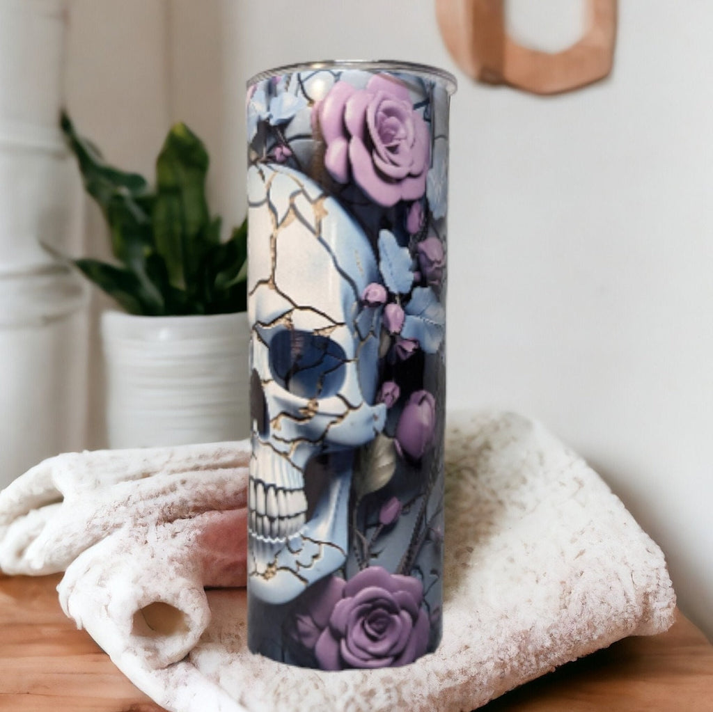 3D Design Skull Tumbler with Purple Flowers, Unique Gothic Drinkware, Skull Cup, Spooky Gift Idea, Skull Lover Gift, Stunning Skull Tumbler