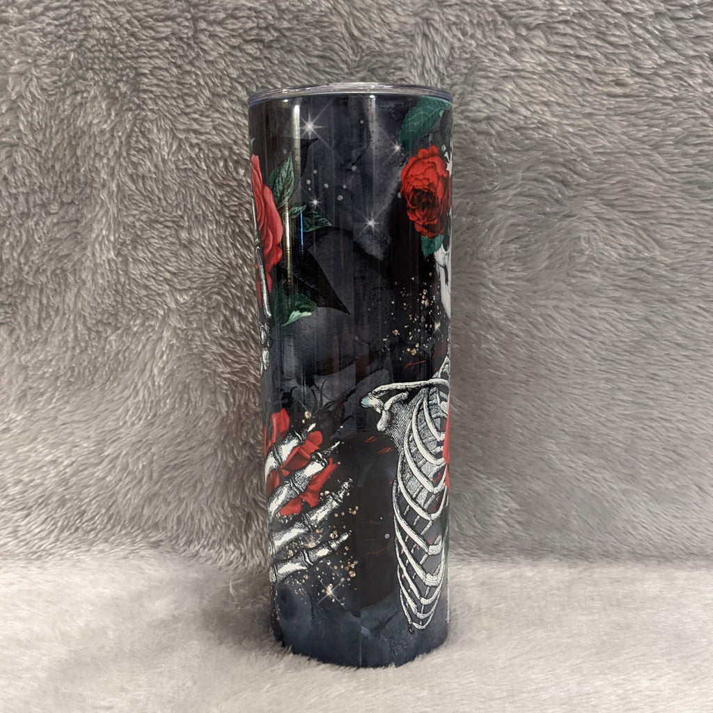 Skeleton Tumbler With Red Roses, Can Be Personalized, 20oz Skinny Tumbler With Straw, For Home Or On The Go, Hot Cold Drinkware