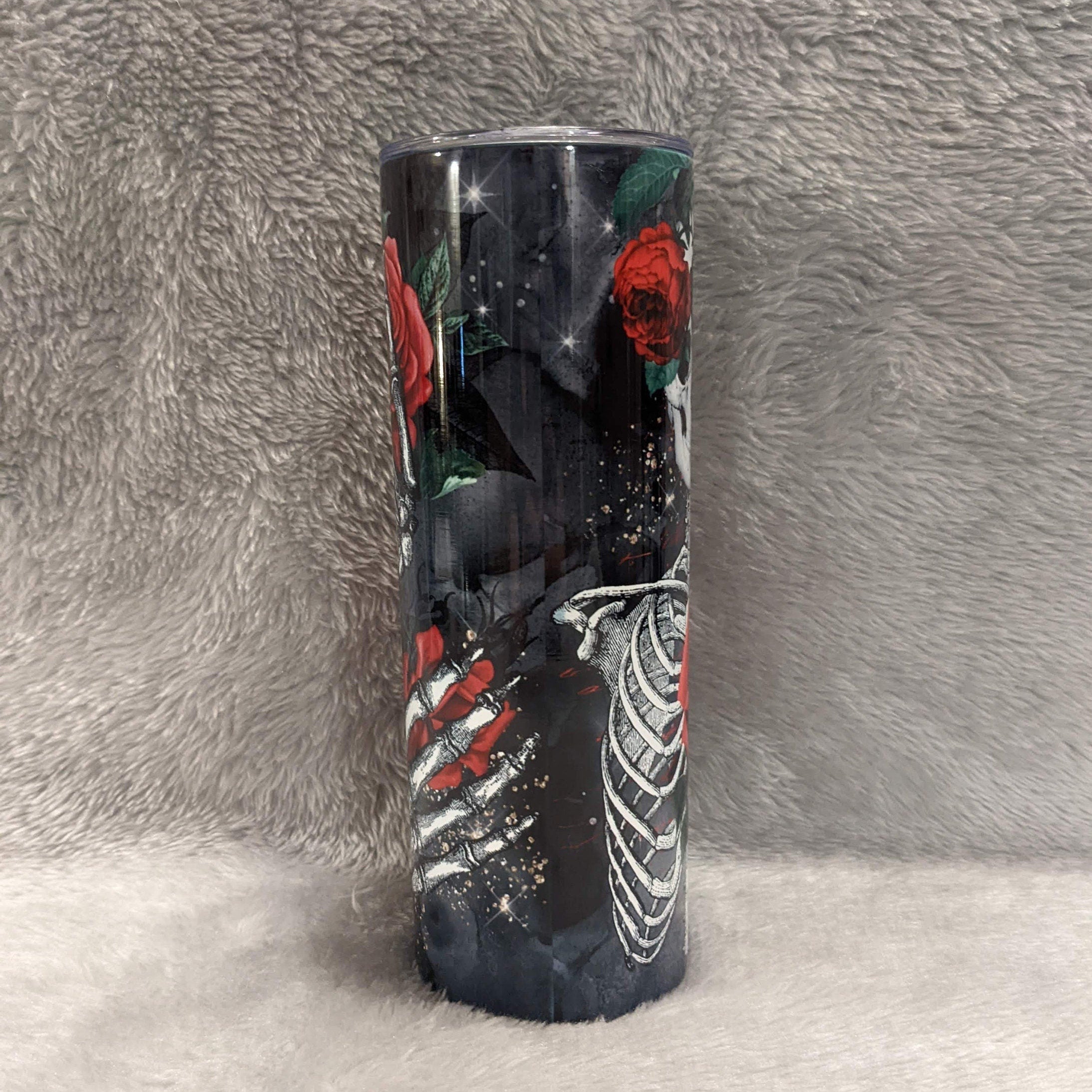 Skeleton Tumbler With Red Roses, Can Be Personalized, 20oz Skinny Tumbler With Straw, For Home Or On The Go, Hot Cold Drinkware